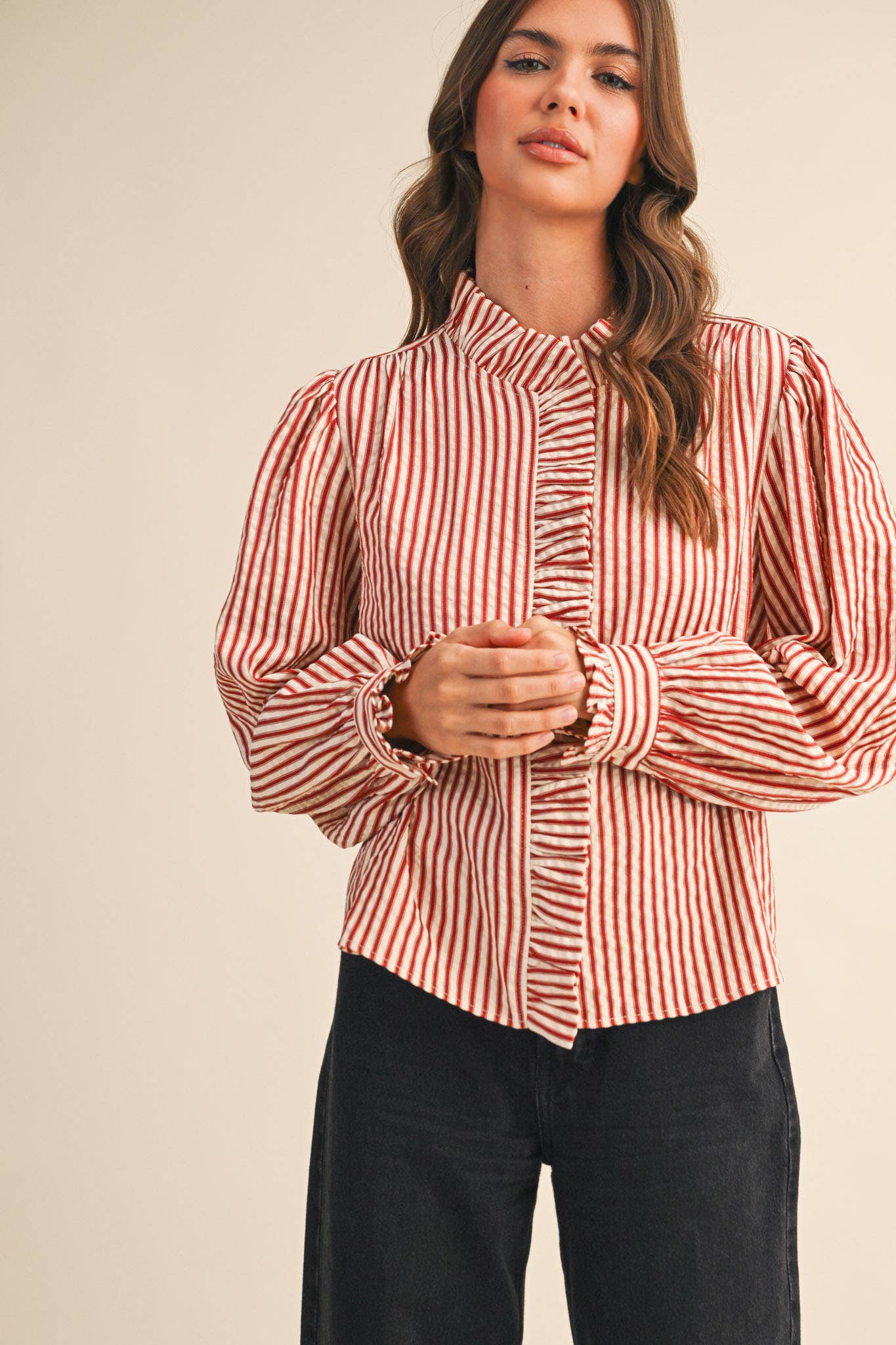 STRIPED RUFFLED BUTTON DOWN LONG SLEEVE TOP