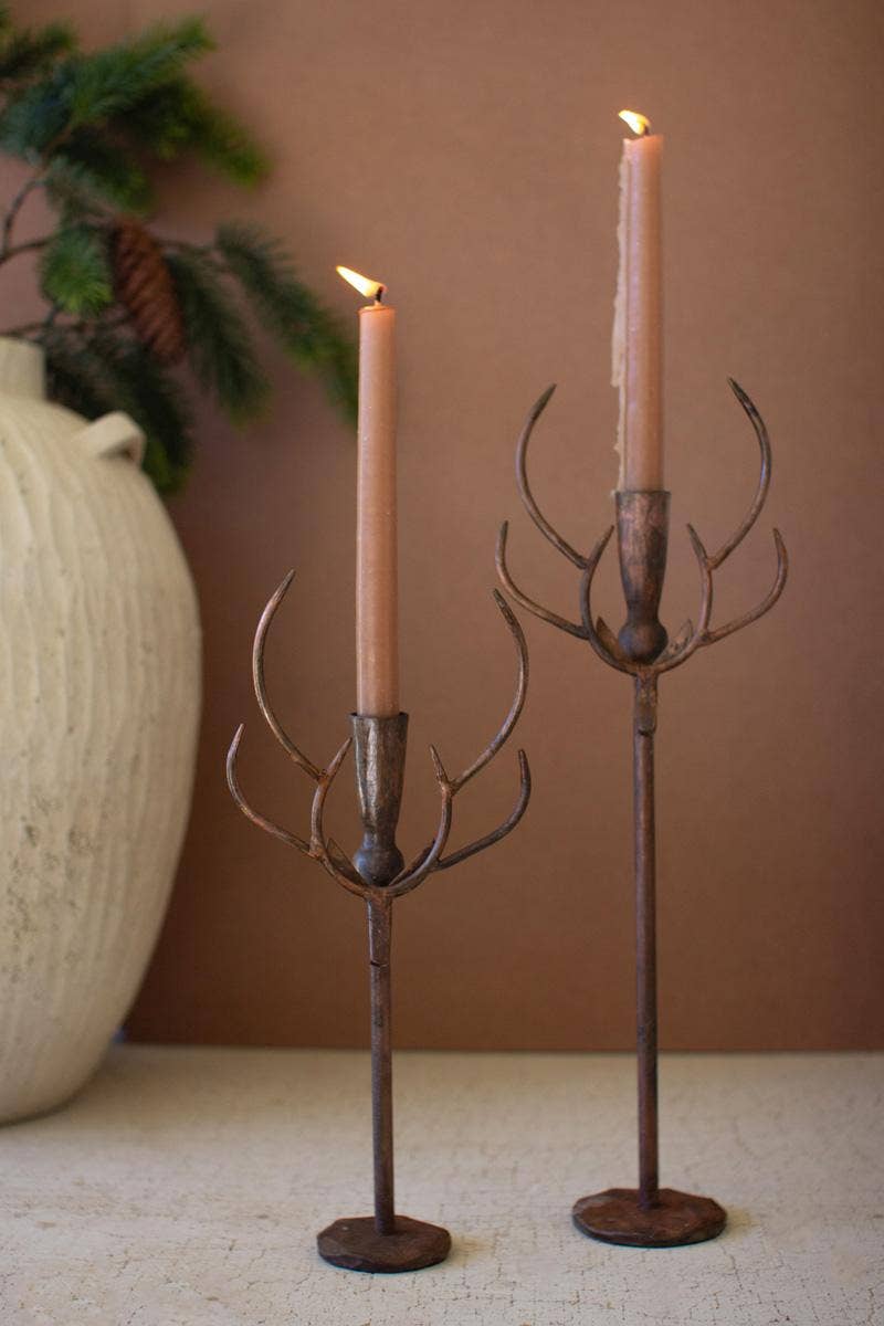 FORGED RUSTIC BRASS DEER CANDLE HOLDERS