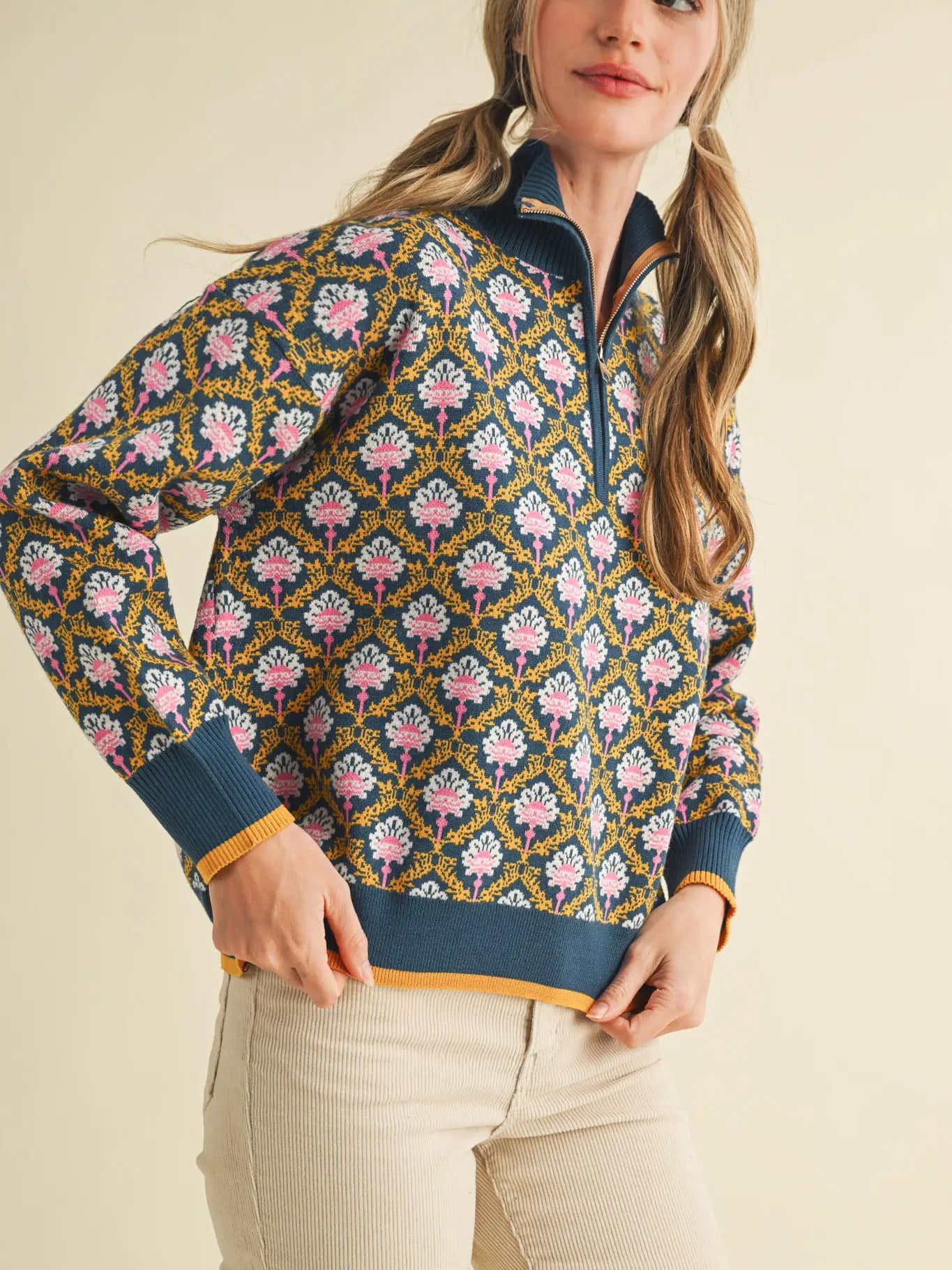 Floral Mock Neck Half Zip Pullover