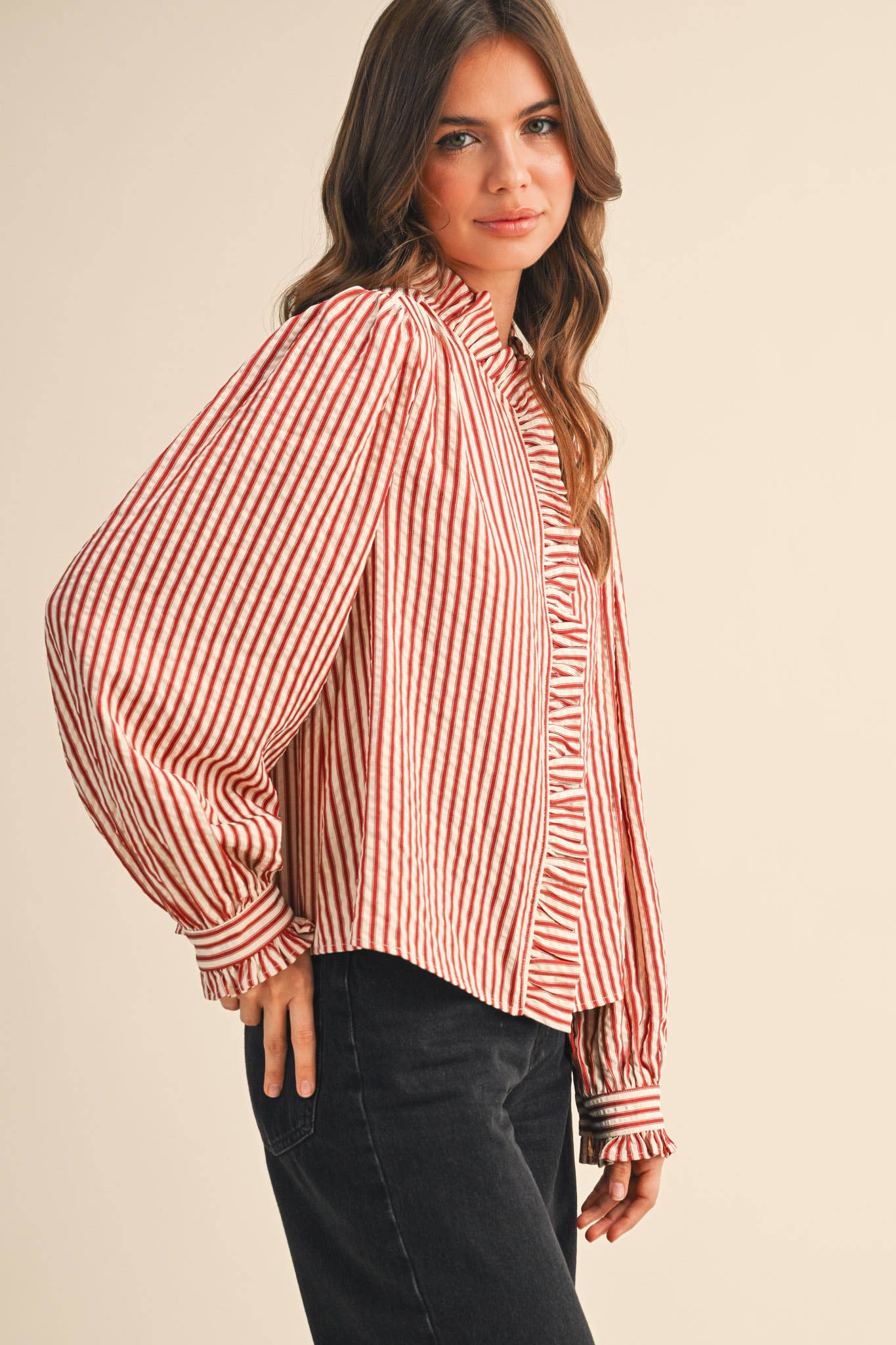 STRIPED RUFFLED BUTTON DOWN LONG SLEEVE TOP