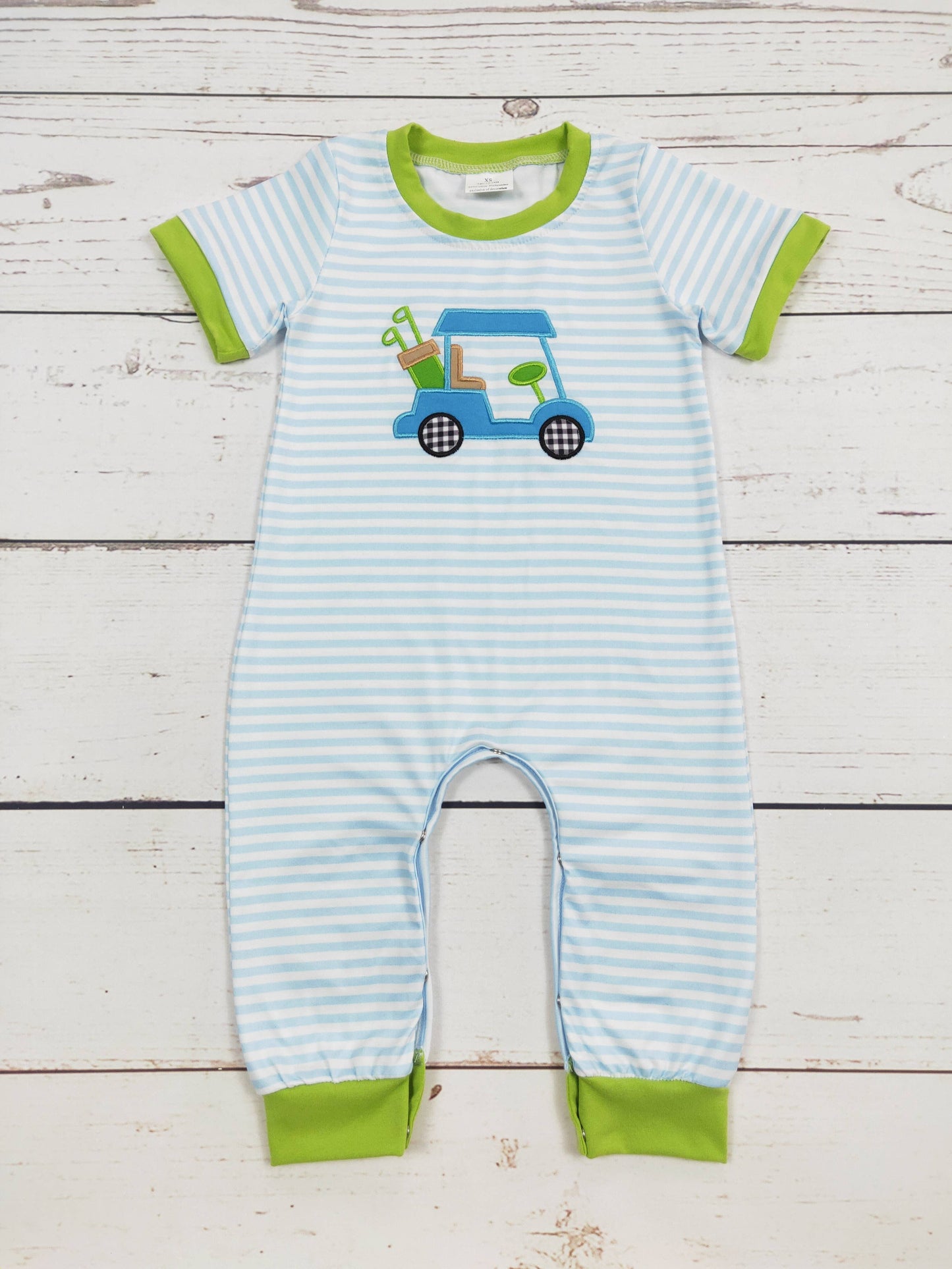 Golf Cart Appliqué Stripe Long Pant Romper