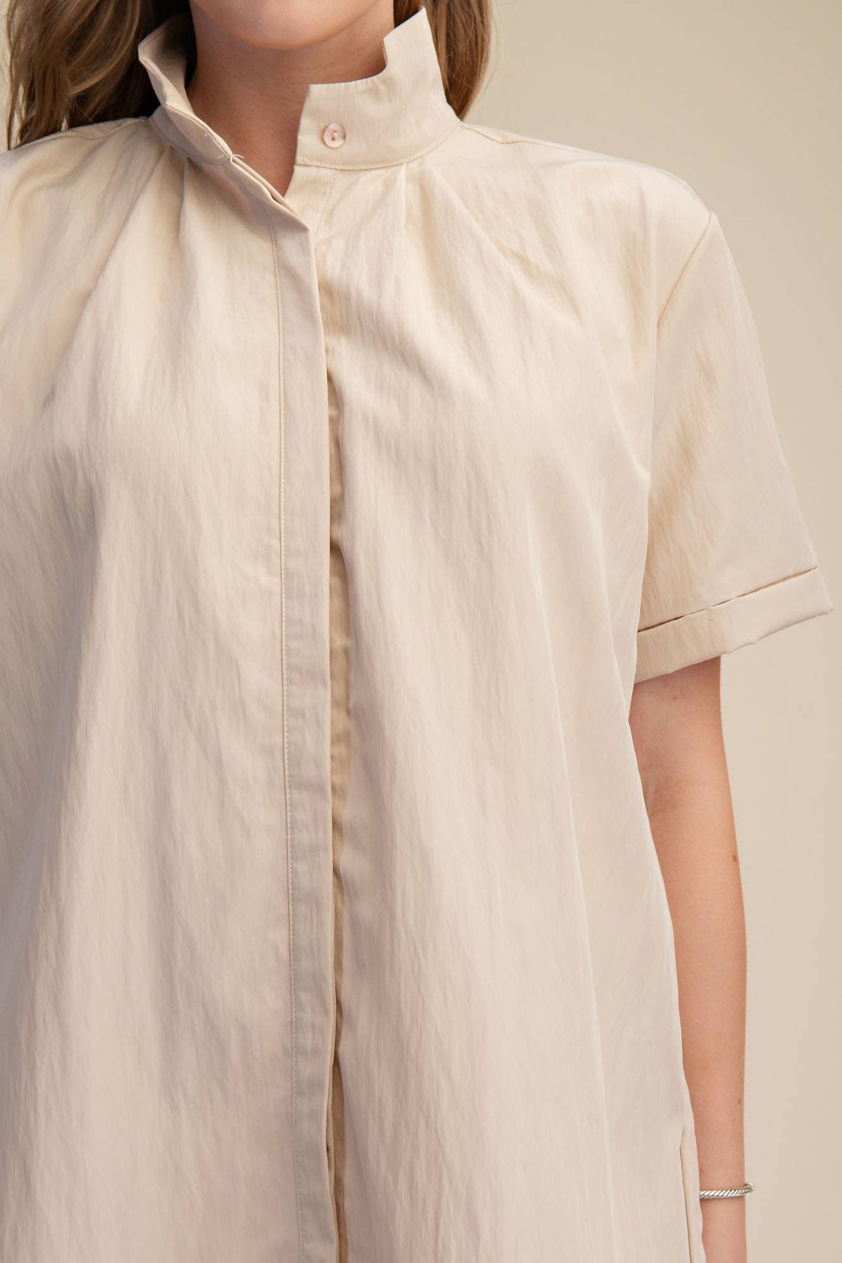 Taupe Stand Collar Short Sleeves Button Down Shift Mini Dress