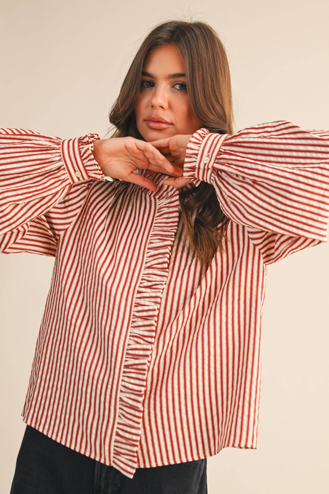 STRIPED RUFFLED BUTTON DOWN LONG SLEEVE TOP
