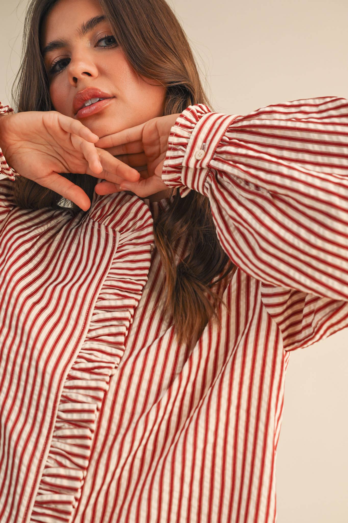 STRIPED RUFFLED BUTTON DOWN LONG SLEEVE TOP