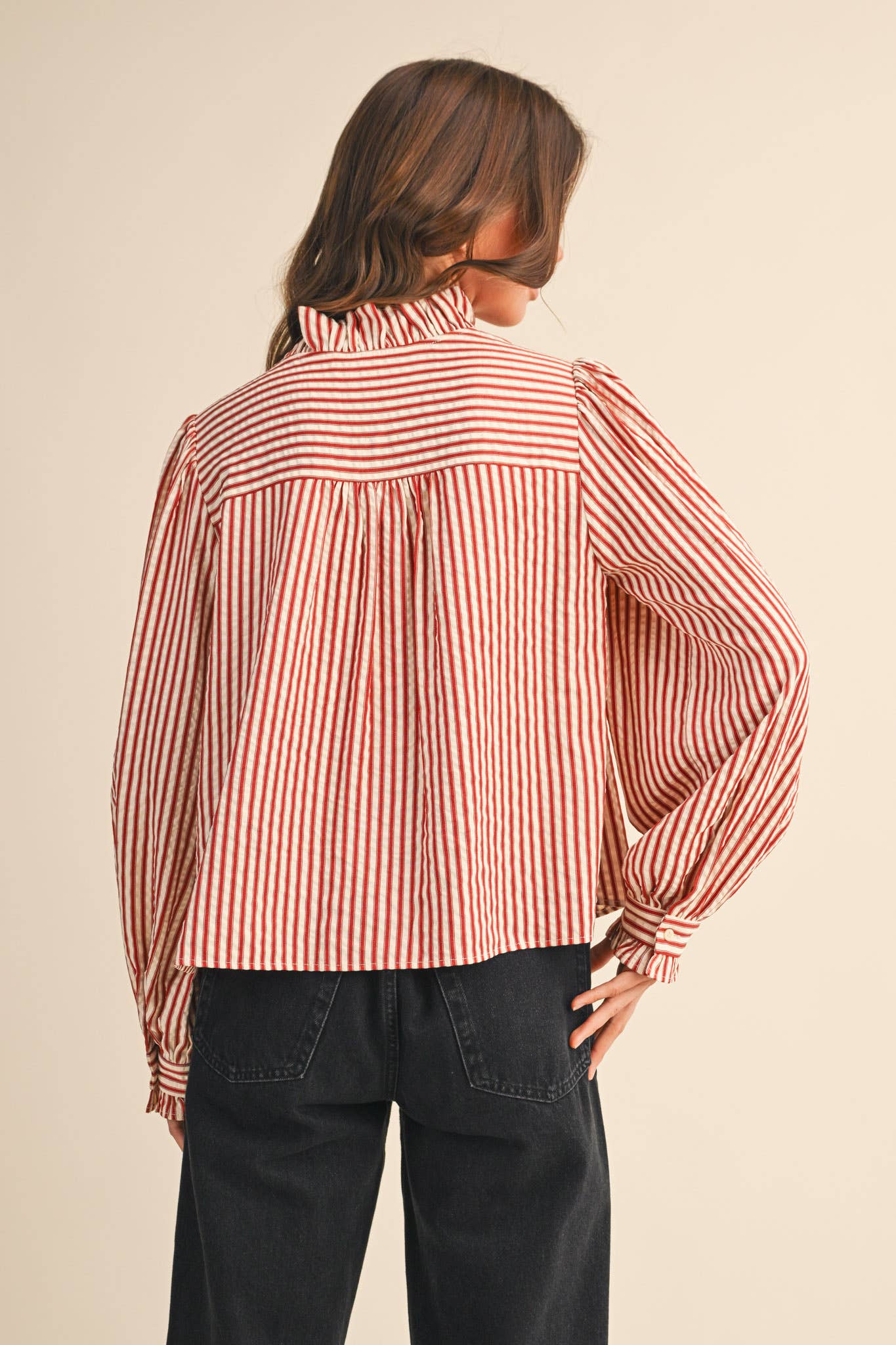 STRIPED RUFFLED BUTTON DOWN LONG SLEEVE TOP