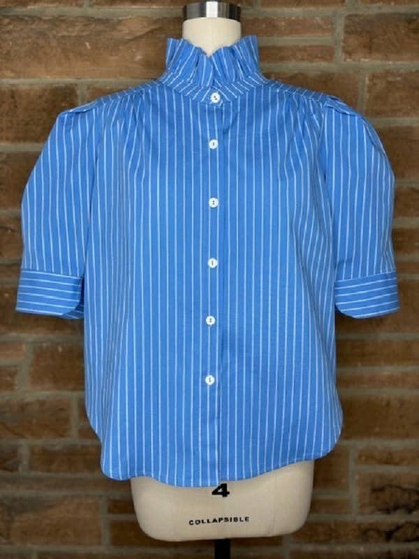 Ruffle Collar Puff Sleeve Blouse - 2 colors- Red Gingham and Blue Stripe