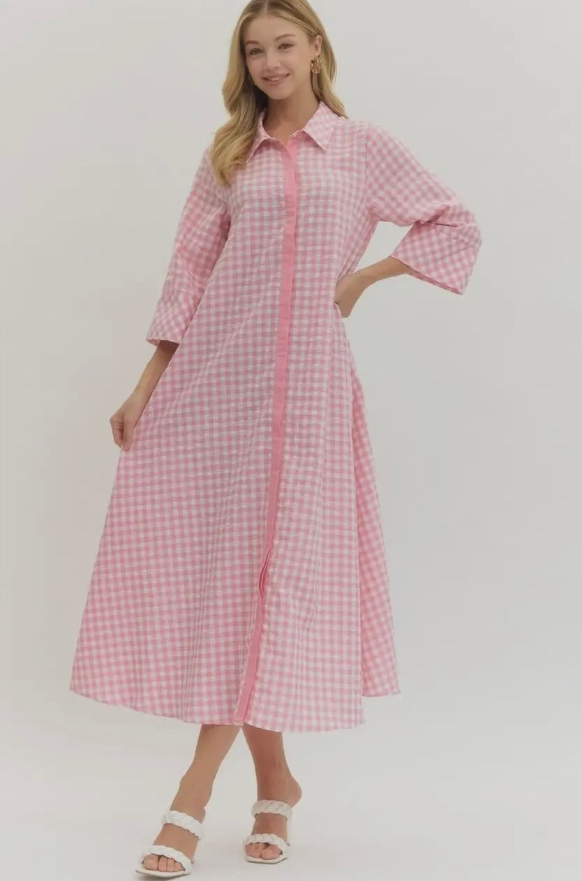 Pink Gingham Midi Dress