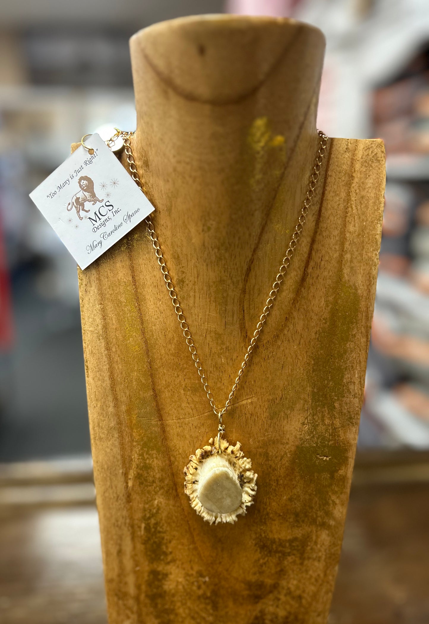 MCS Fallow Deer Antler Pendant on Gold Paperclip Necklace