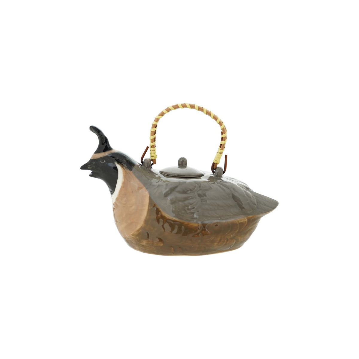 Quirky Hand-Painted Stoneware Quail Shaped Teapot with Rattan Wrapped Handle