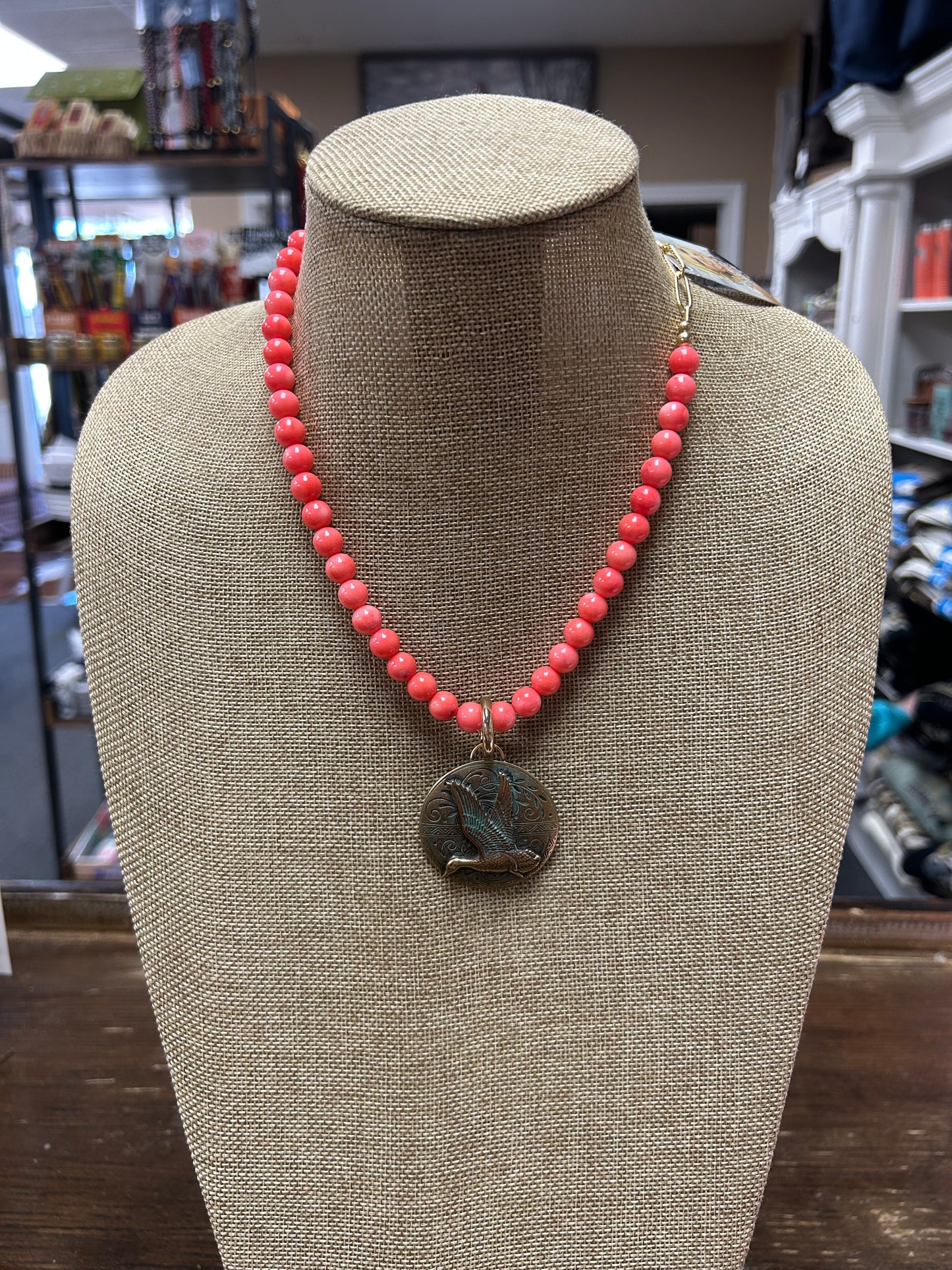 MCS Coral Bead Necklace with Removable Flying Duck Charm