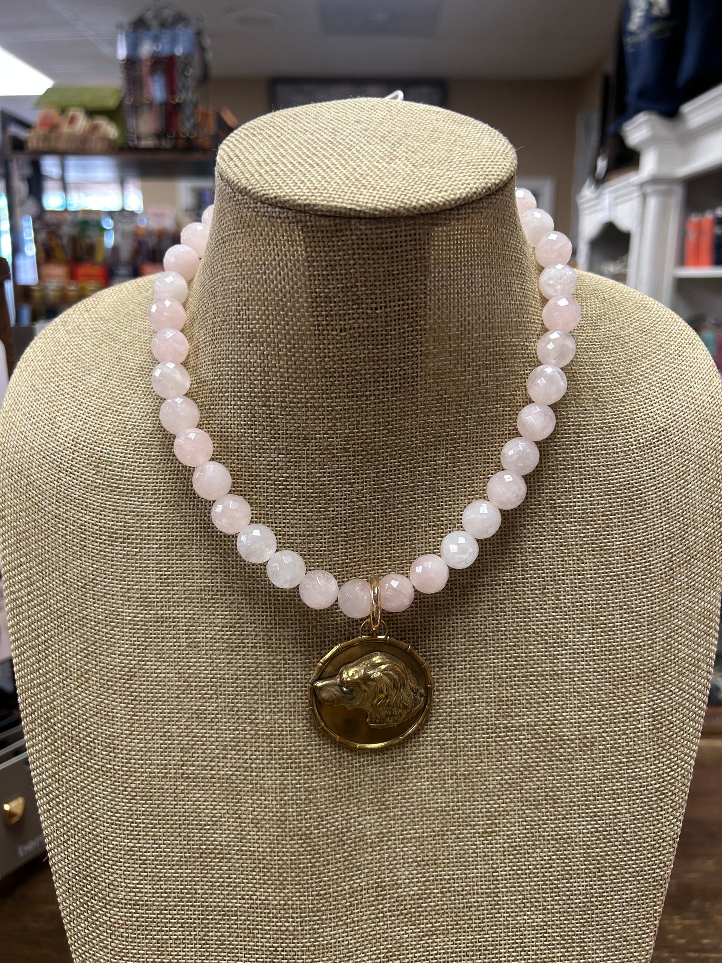 MCS Rose Quartz Bead Necklace with Removable Boykin Spaniel Charm