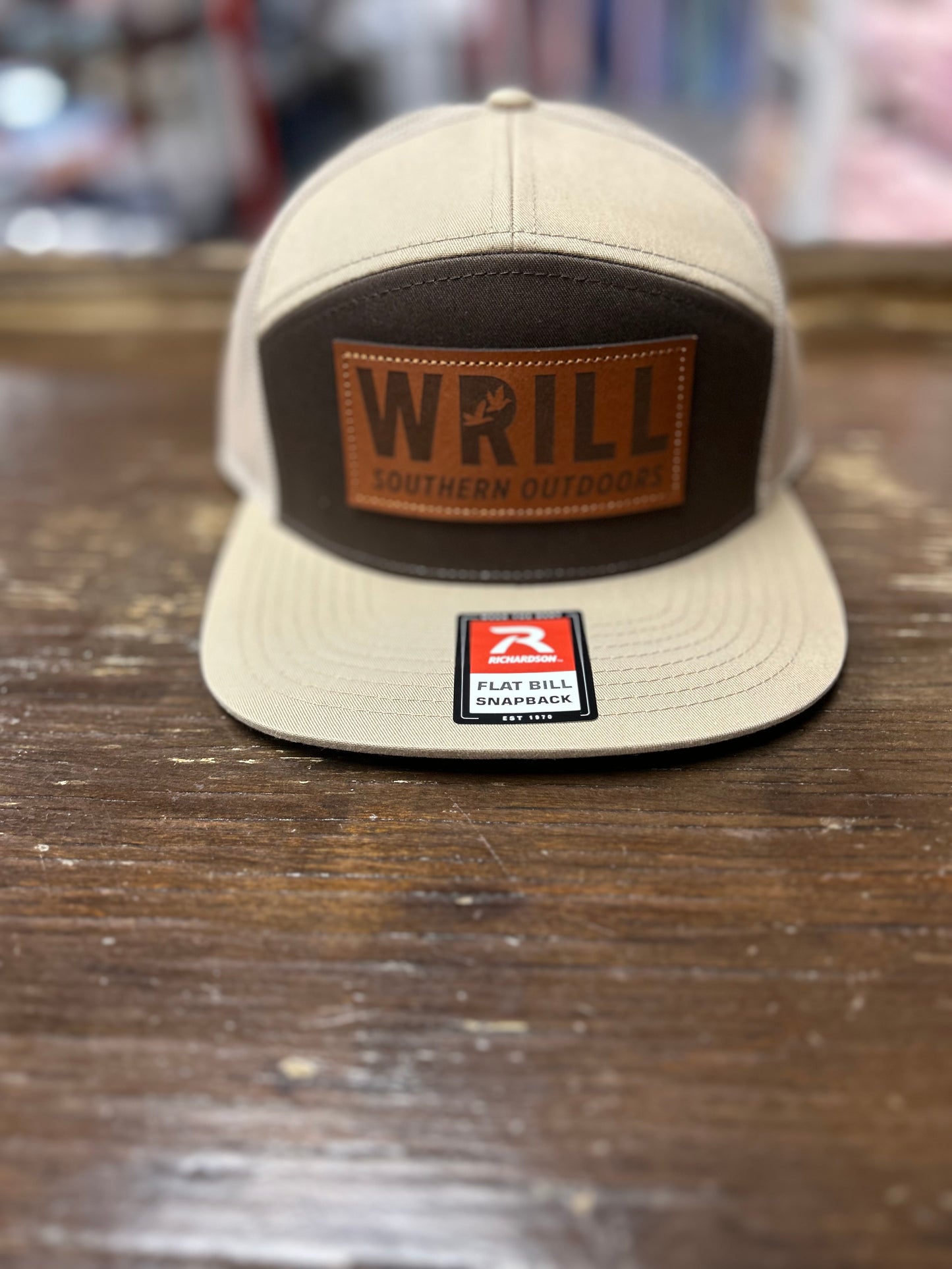 Wrill Khaki & Brown Leather Patch 7 Panel Hat