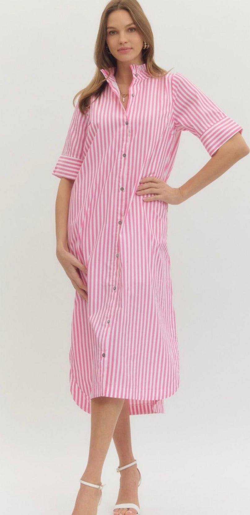 Entro Pink Stripe Midi Dress
