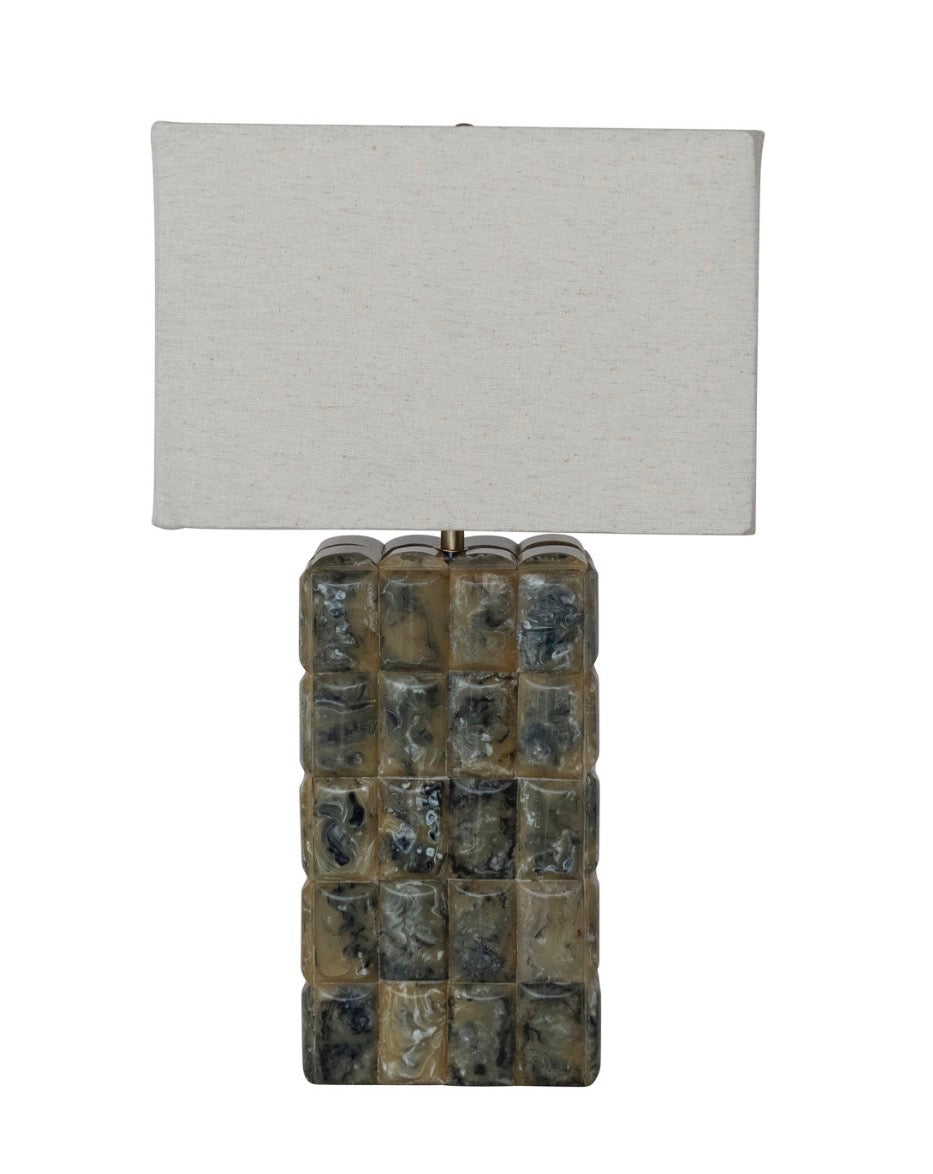 Marbled Resin Tile Table Lamp With linen shade, Green