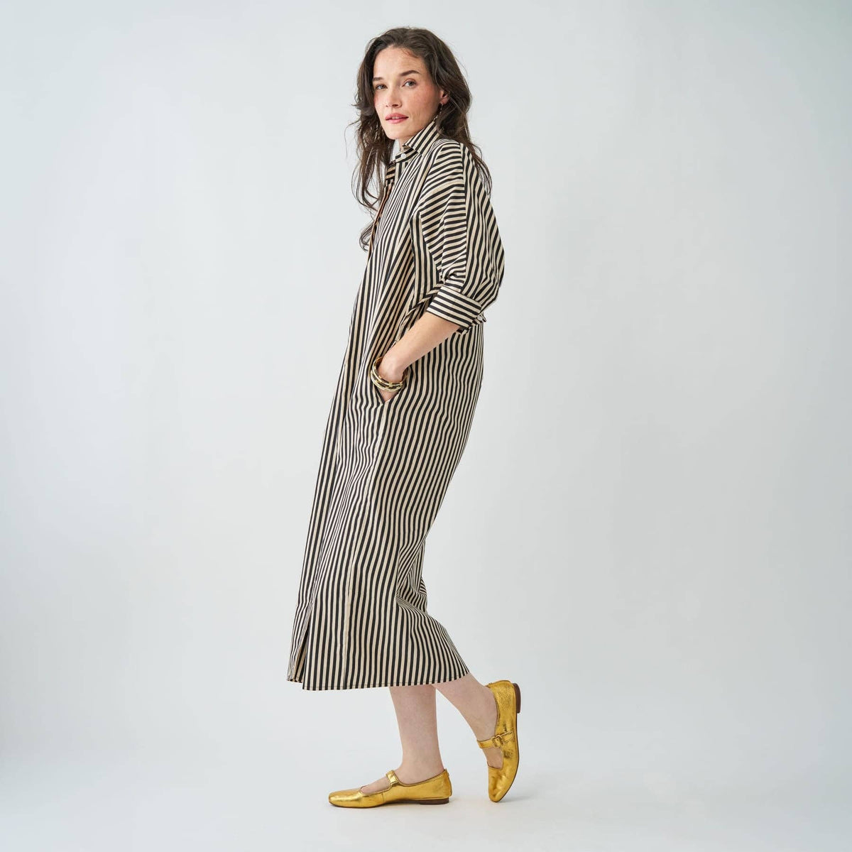 Black + Cream Stripe Shirt Dress