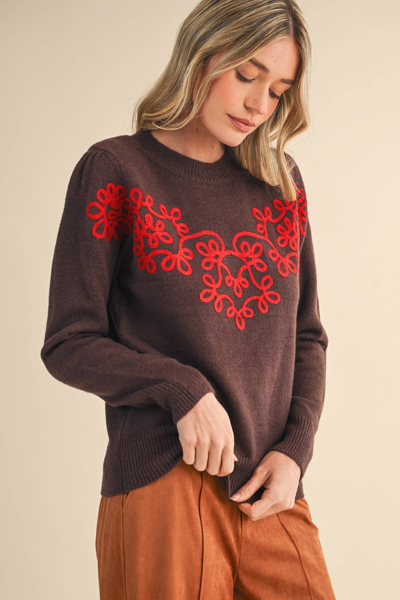 FLORAL KNIT DESIGN PULLOVER SWEATER