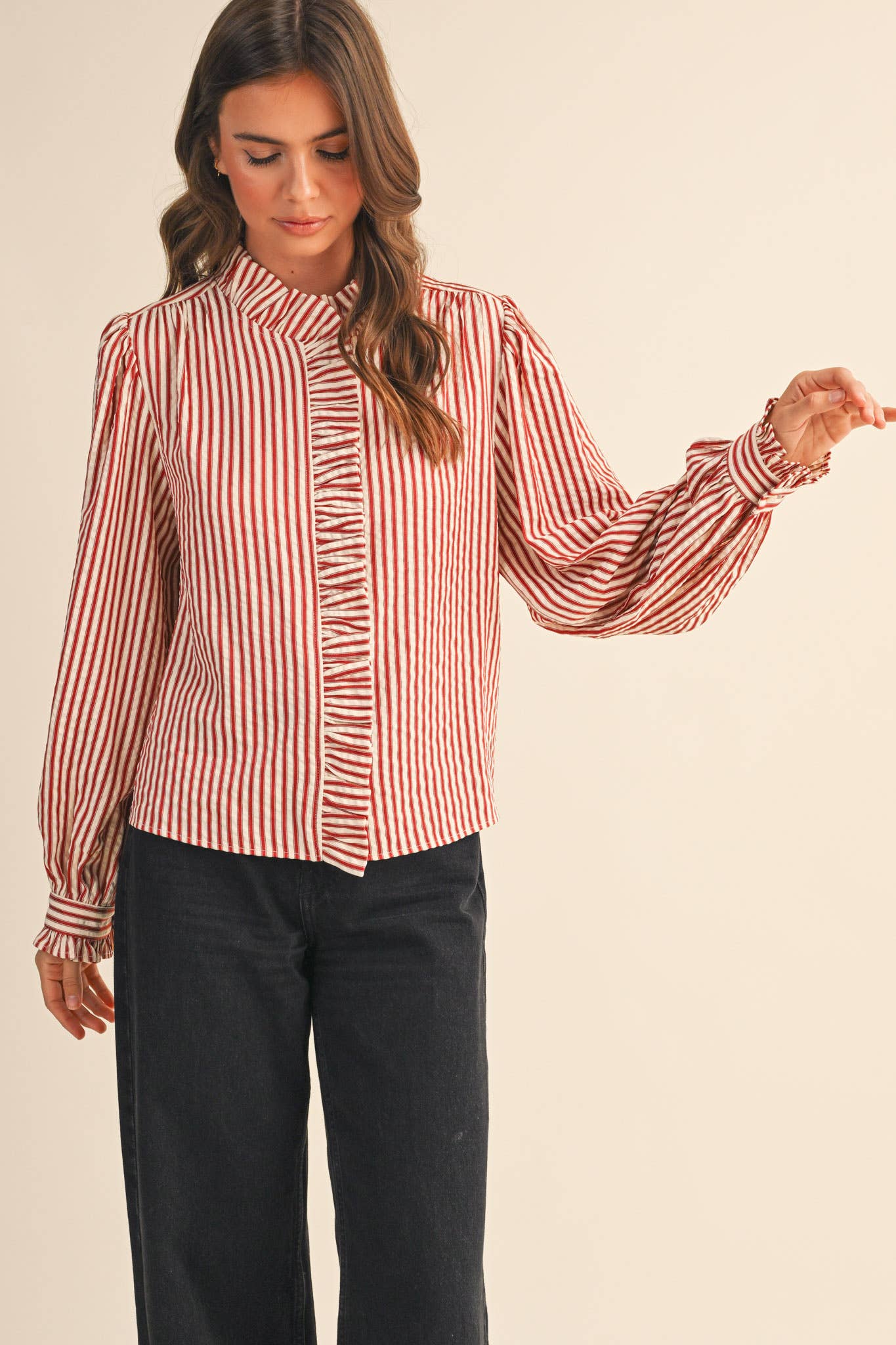 STRIPED RUFFLED BUTTON DOWN LONG SLEEVE TOP