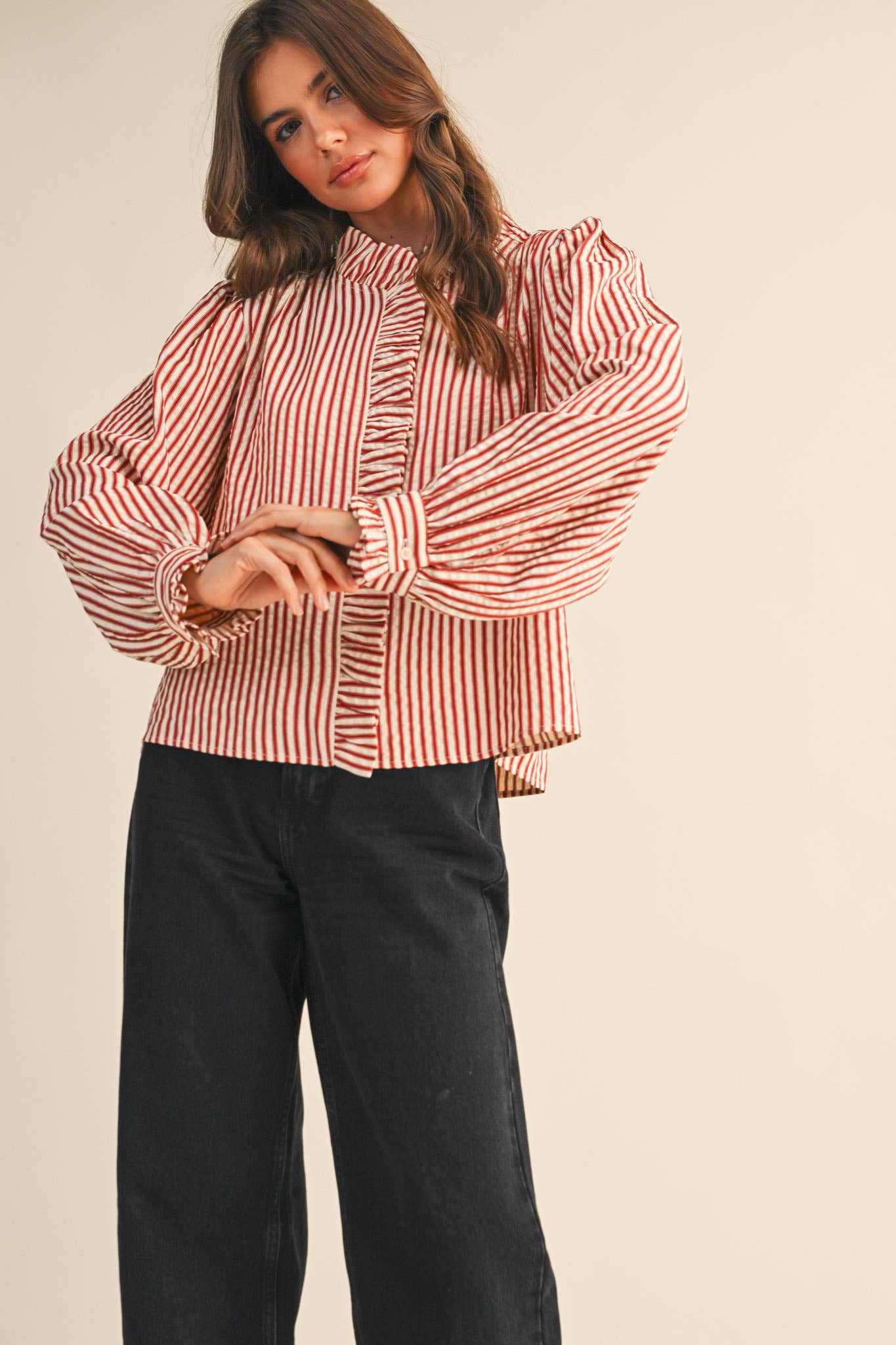 STRIPED RUFFLED BUTTON DOWN LONG SLEEVE TOP