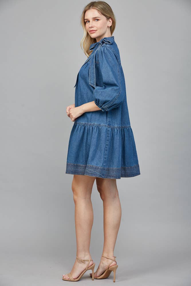 WASHED DENIM Dress with Removable Bow