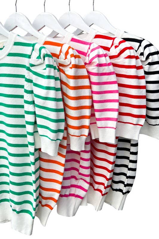 Striped Crew Neck Puff Sleeve Knitted Sweater Top