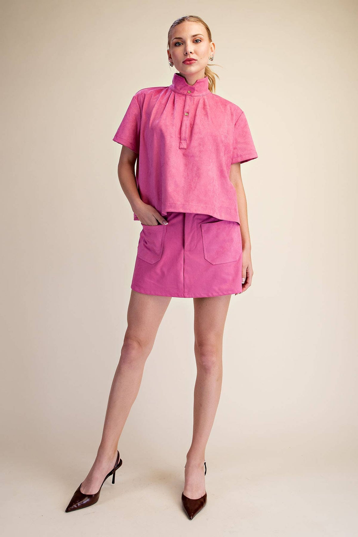 High Collar Short Sleeve Faux Suede Shirt ~ 2 colors