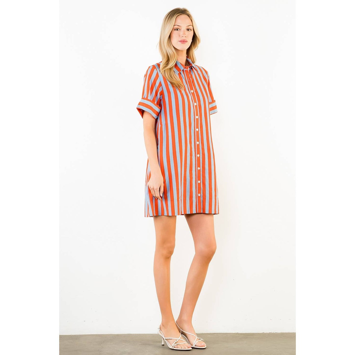 Short Sleeve Striped Button Up Dress