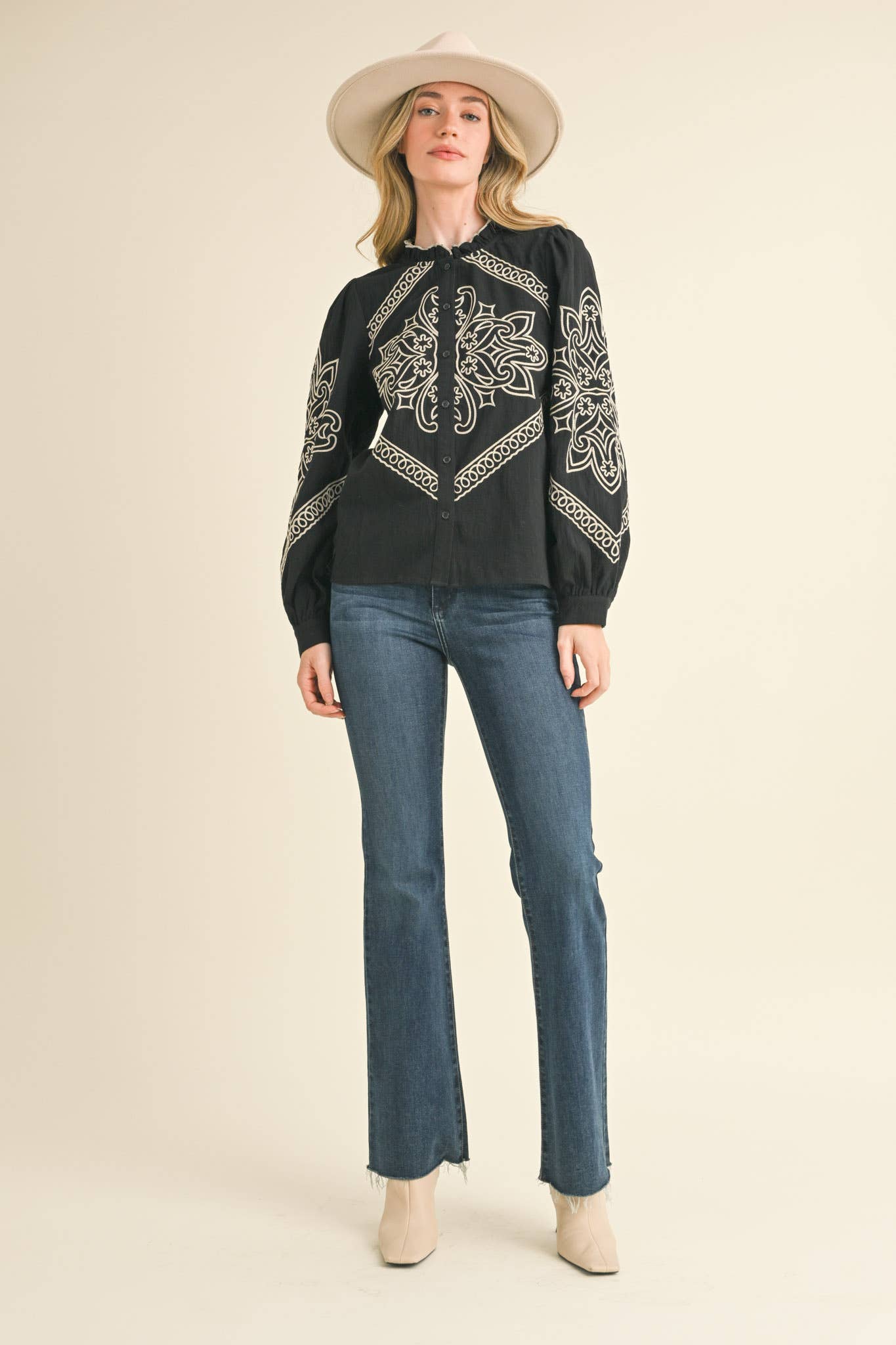 EMBROIDERED MOCK NECK BUTTON UP TOP