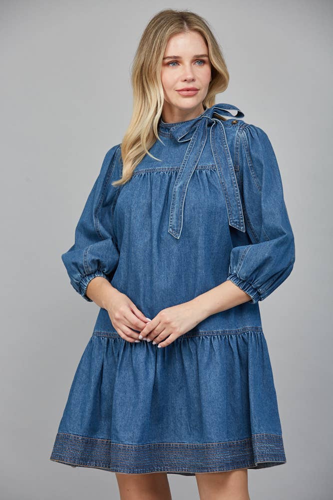 WASHED DENIM Dress with Removable Bow
