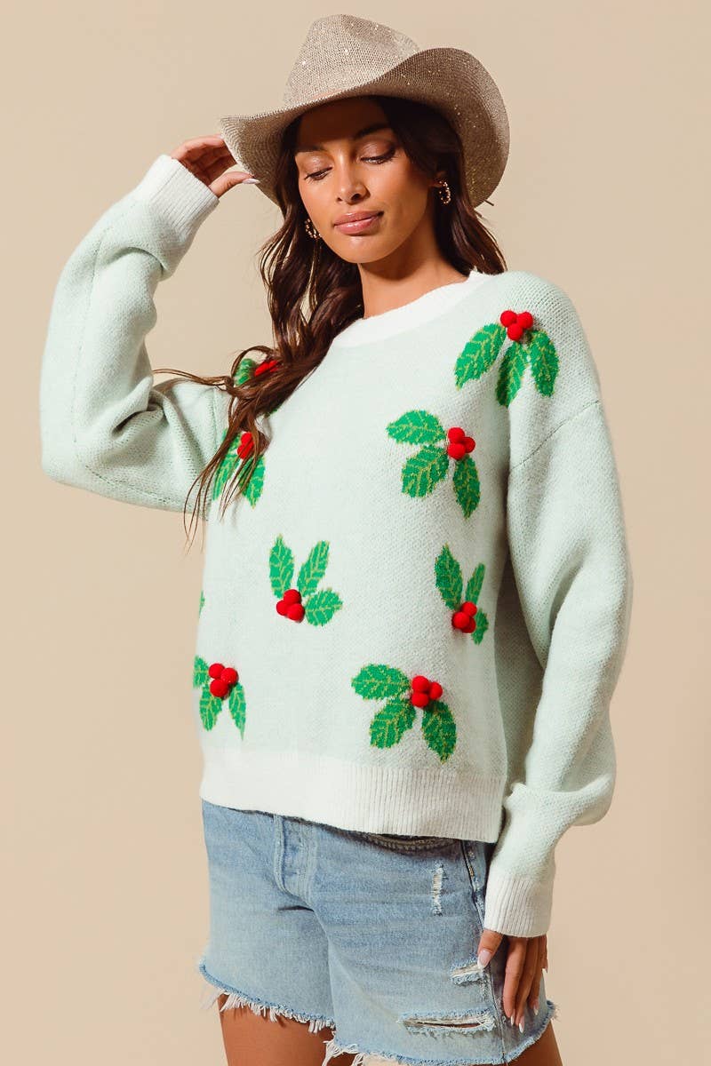 Christmas Holly Berries Pom Pom Sweater Top