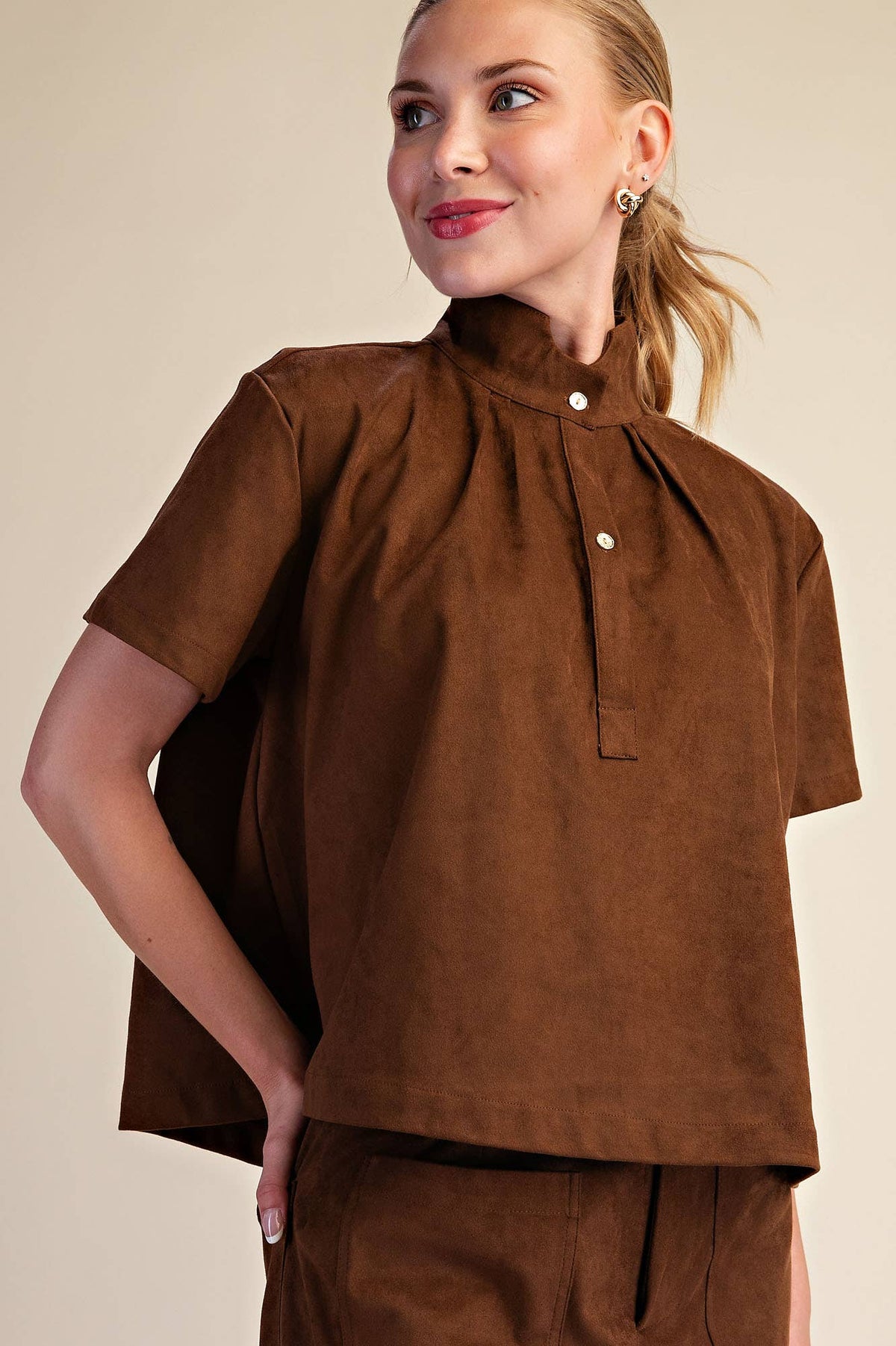 High Collar Short Sleeve Faux Suede Shirt ~ 2 colors