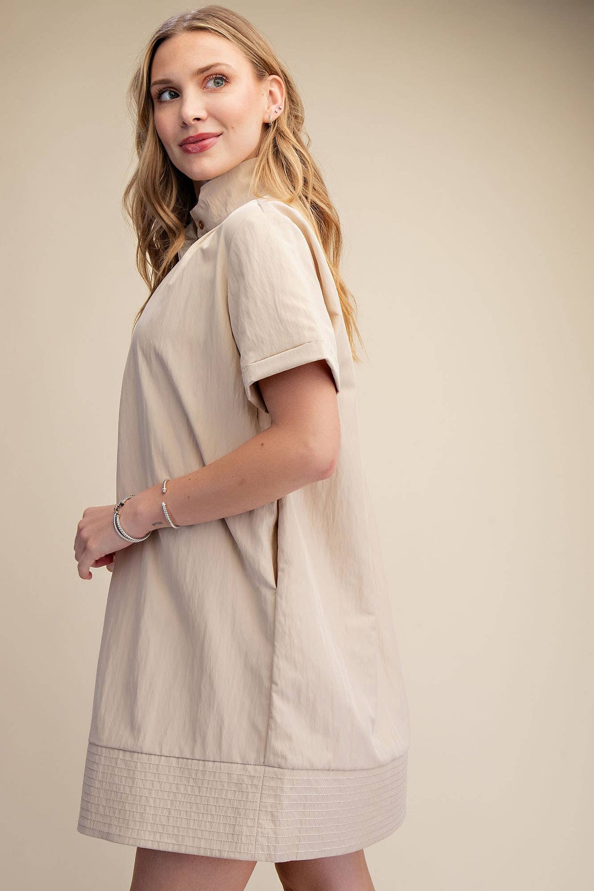 Taupe Stand Collar Short Sleeves Button Down Shift Mini Dress