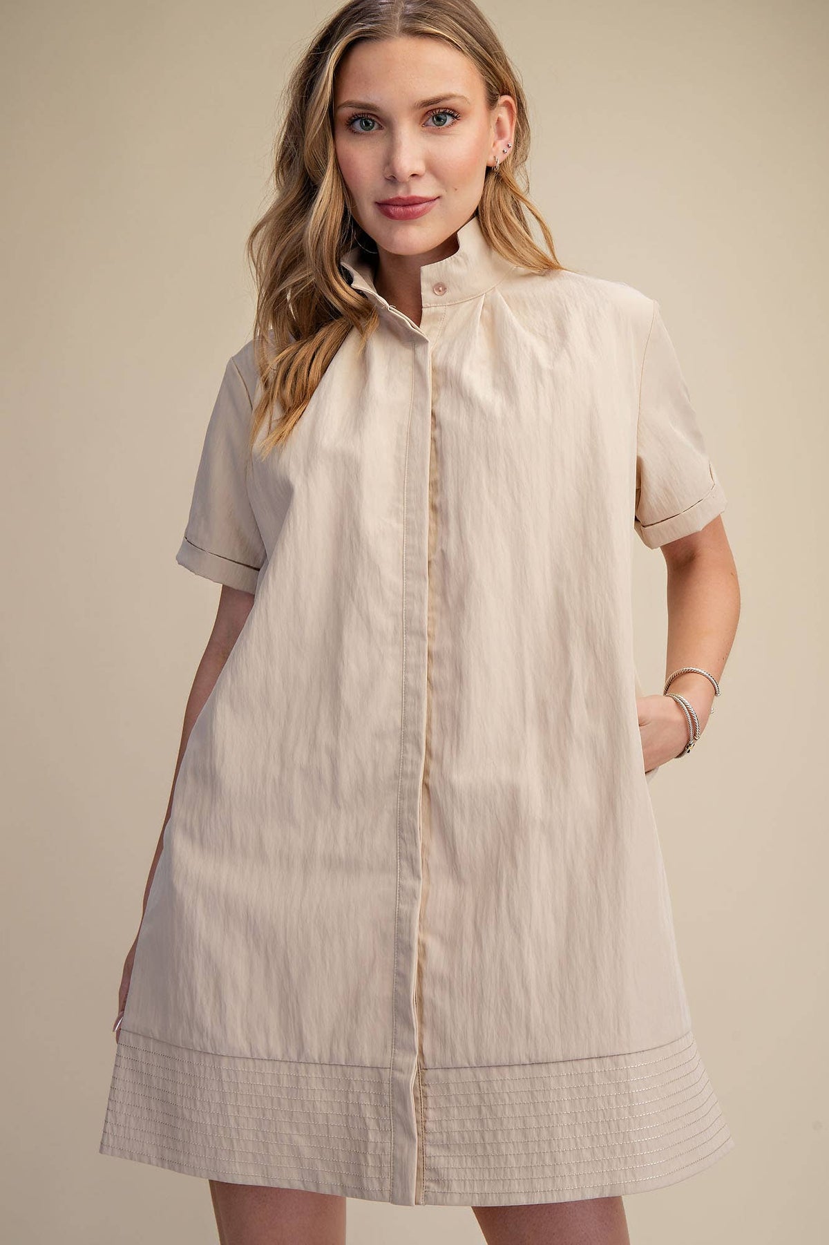 Taupe Stand Collar Short Sleeves Button Down Shift Mini Dress