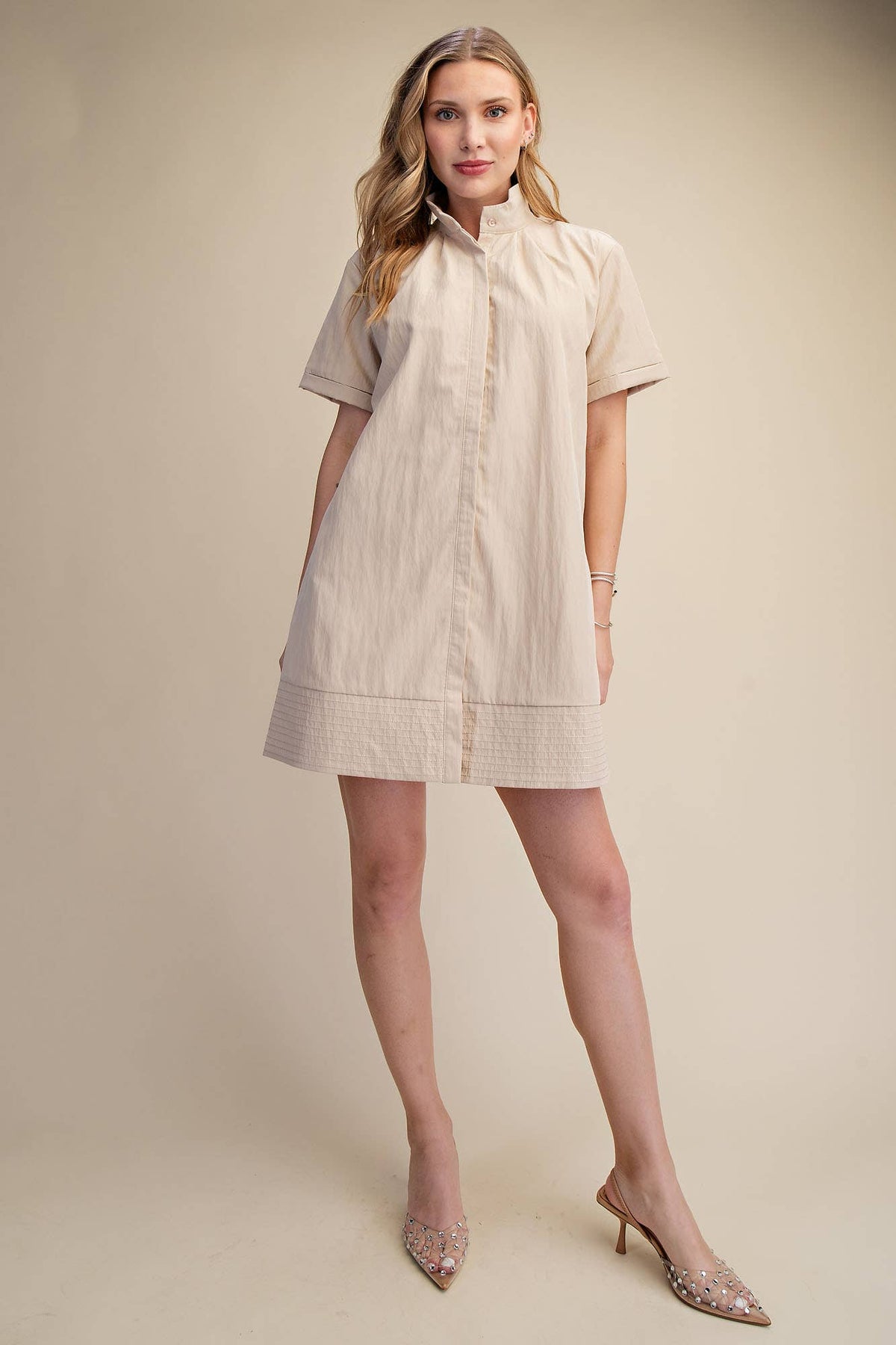 Taupe Stand Collar Short Sleeves Button Down Shift Mini Dress