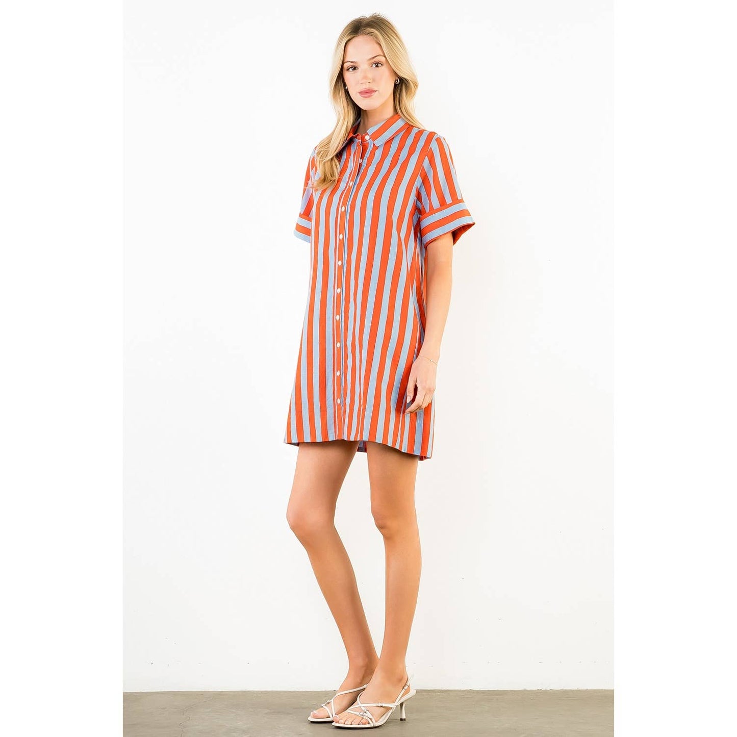 Short Sleeve Striped Button Up Dress