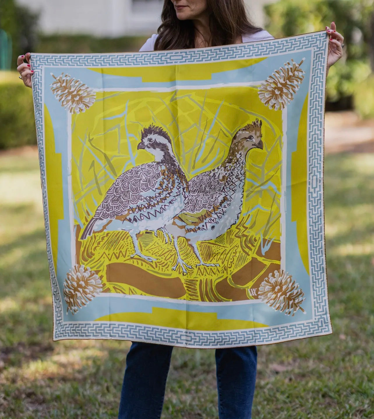 Austin Williams 
Chartreuse Quail Pair - Double-Sided Silk Scarf 25x25