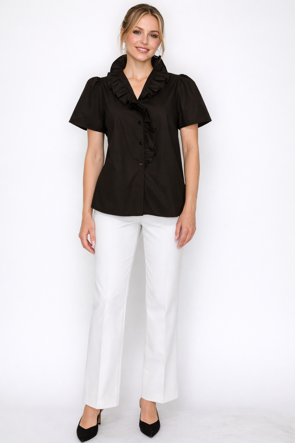 Classic Ruffle Collar Short Sleeve Blouse - 2 colors