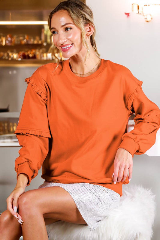 Crew Neck Ruffle Detail French Terry Sweatshirt