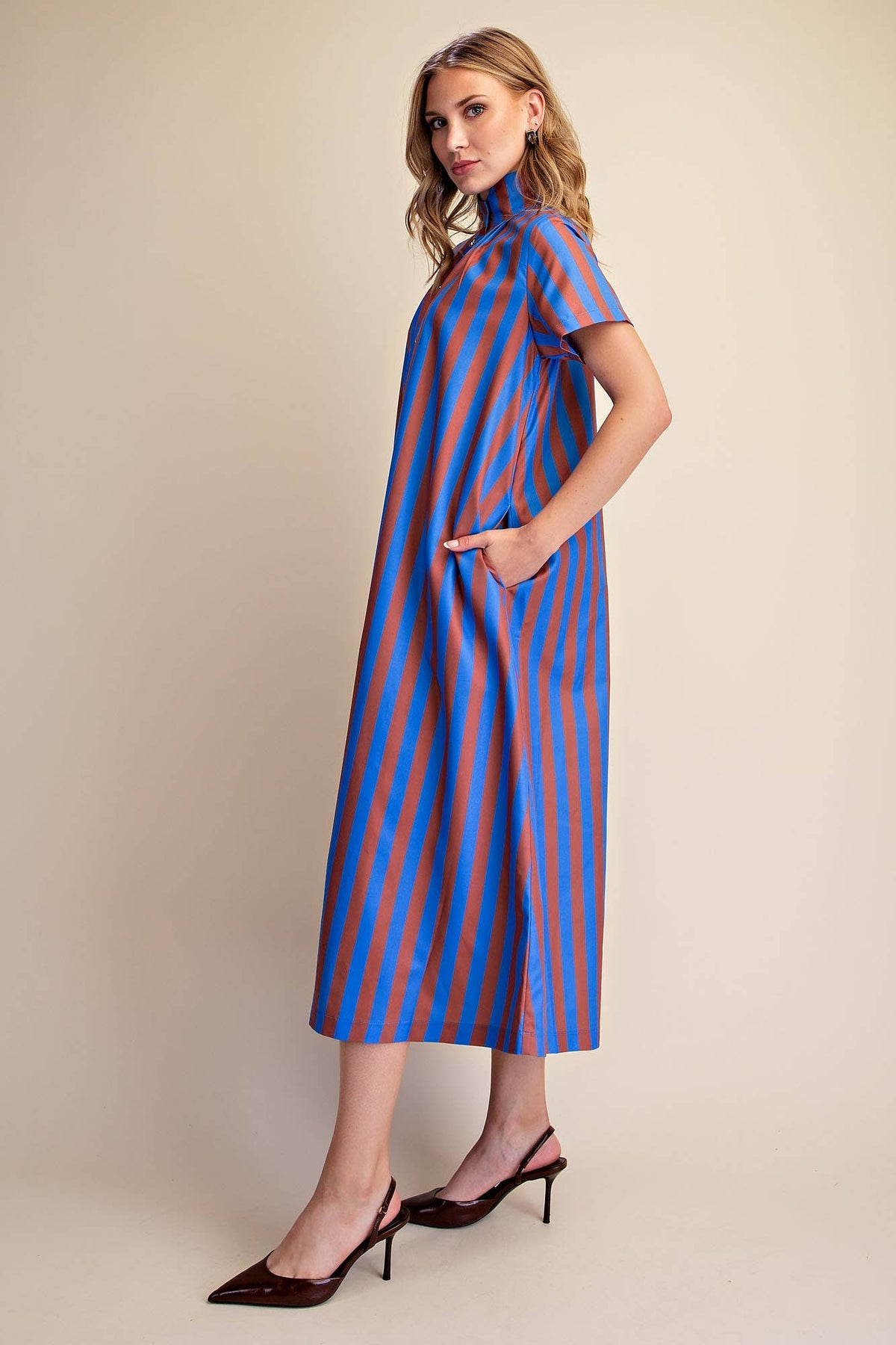 High Neck Royal/Chocolate Stripe Midi Dress