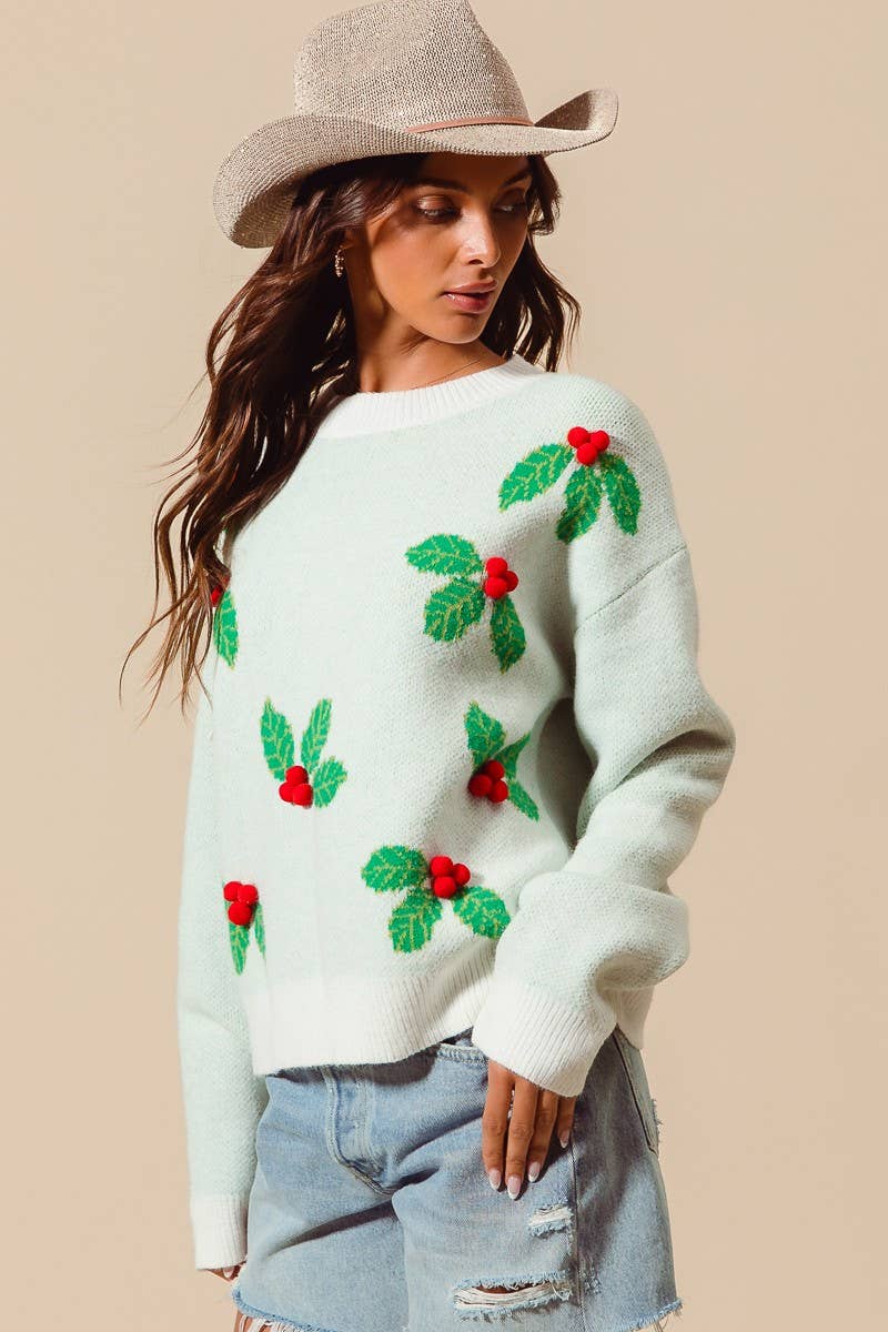 Christmas Holly Berries Pom Pom Sweater Top