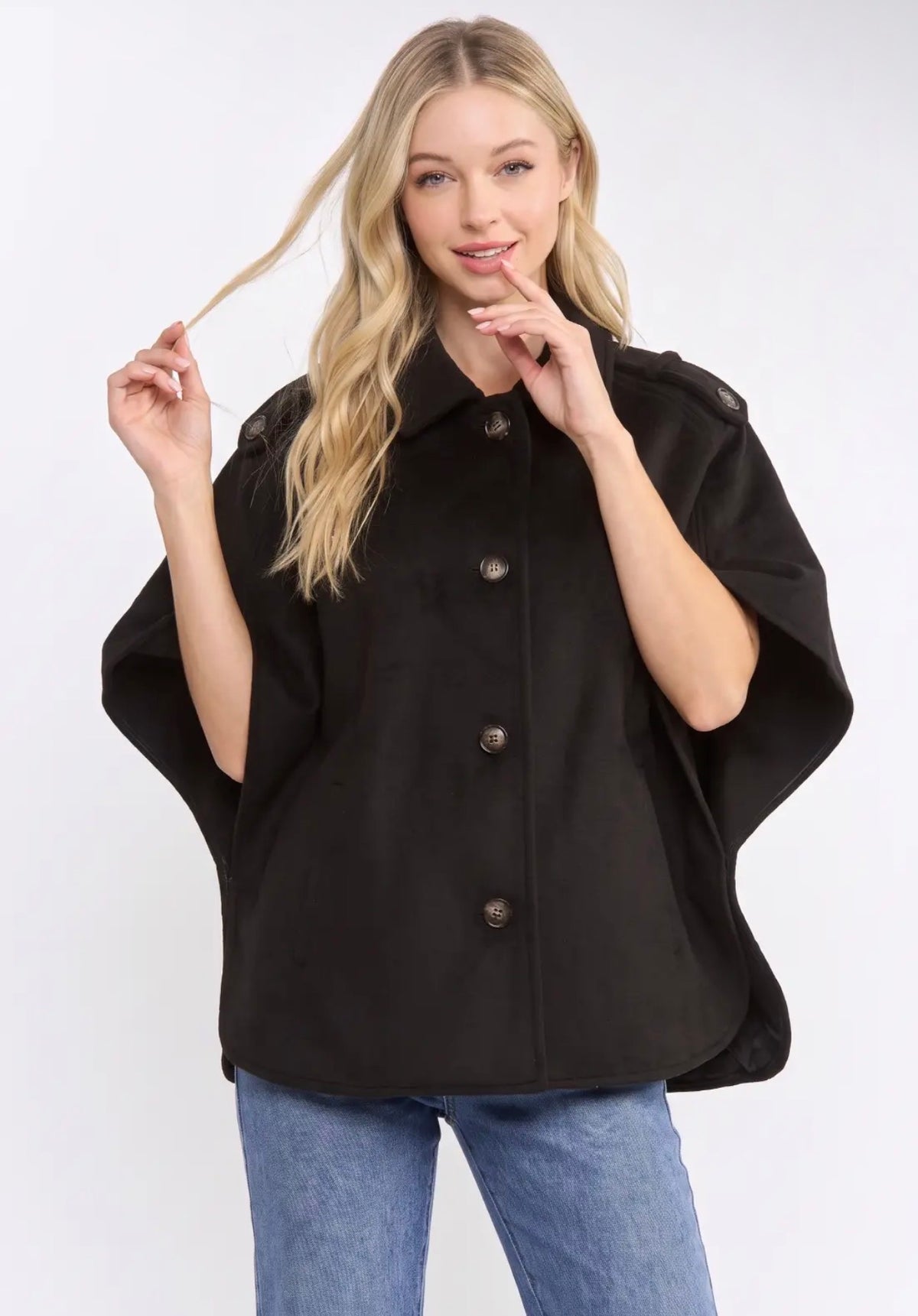 BLACK WOOL-BLEND BUTTONED CAPE JACKET