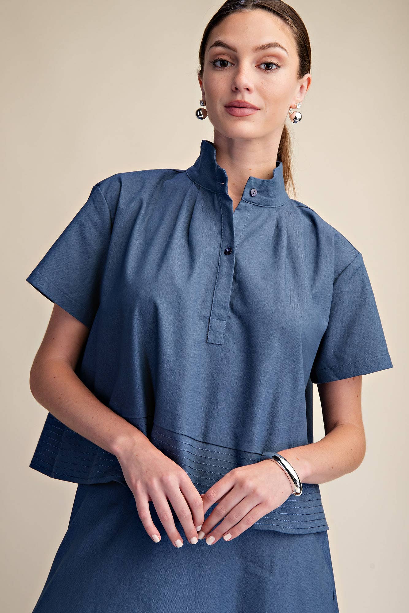 Indigo Stand Collar Short Sleeve Stitch Detail Shirt