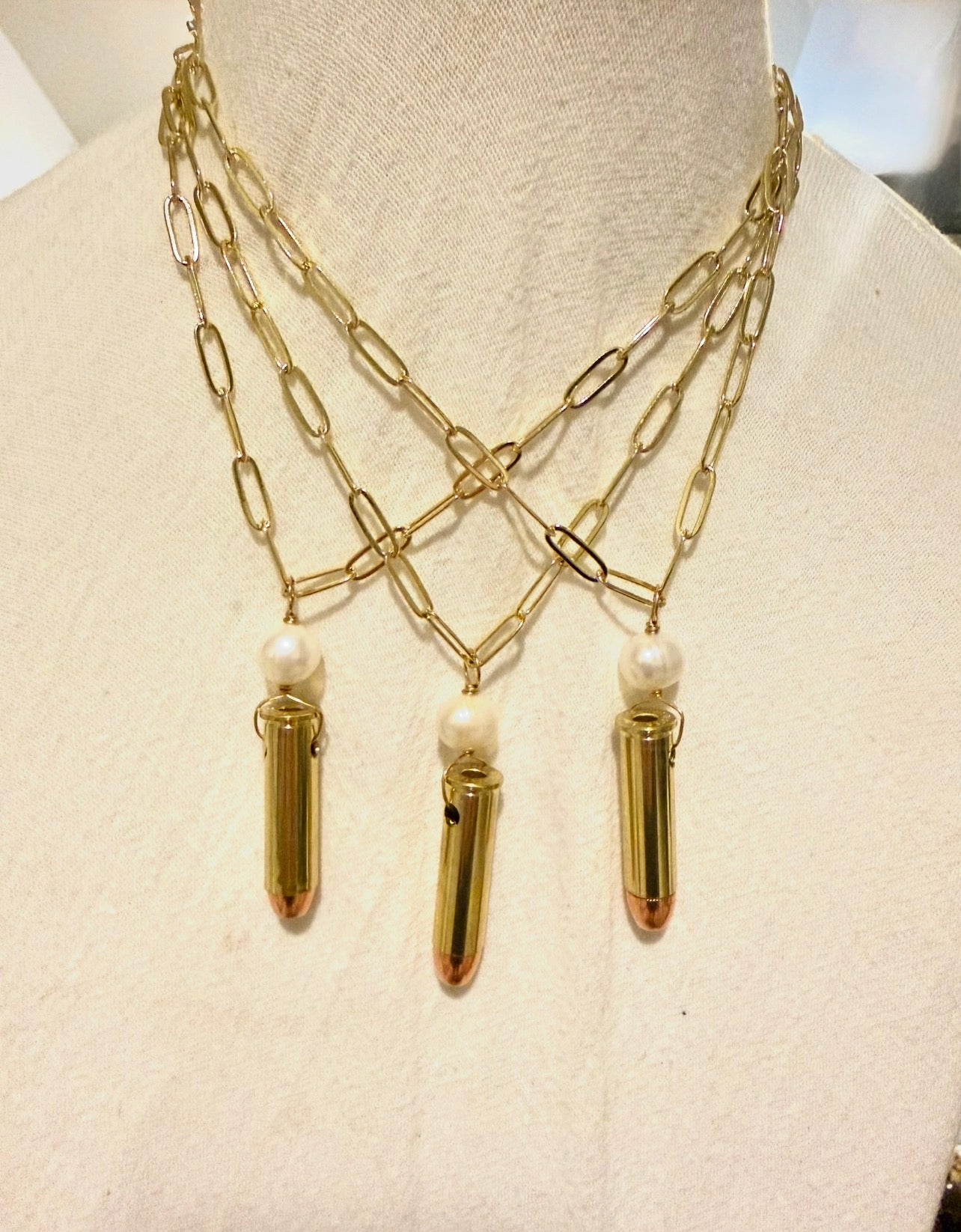 MCS Winchester 357 w/ freshwater pearl on gold plate paperclip necklace