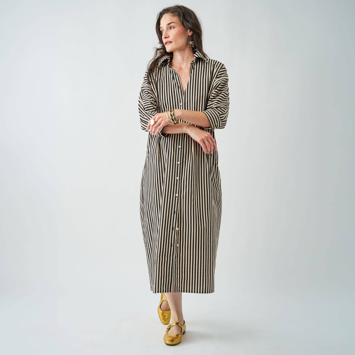 Black + Cream Stripe Shirt Dress