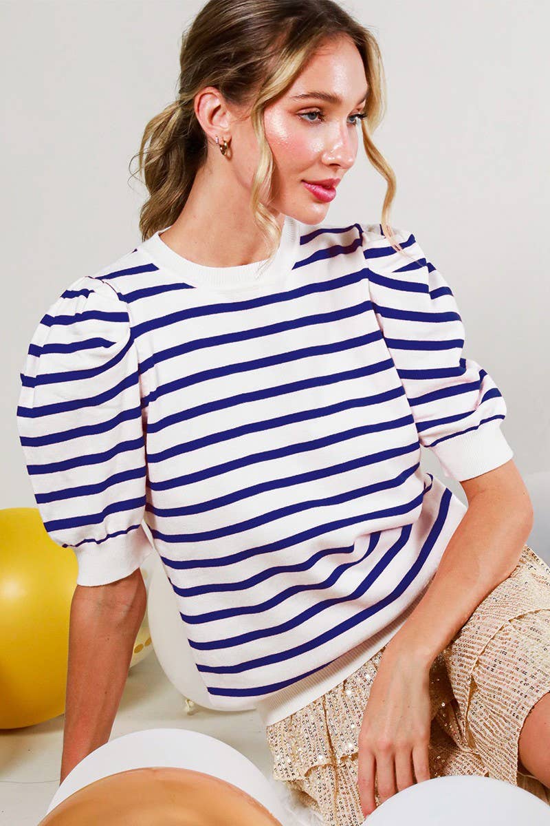 Striped Crew Neck Puff Sleeve Knitted Sweater Top