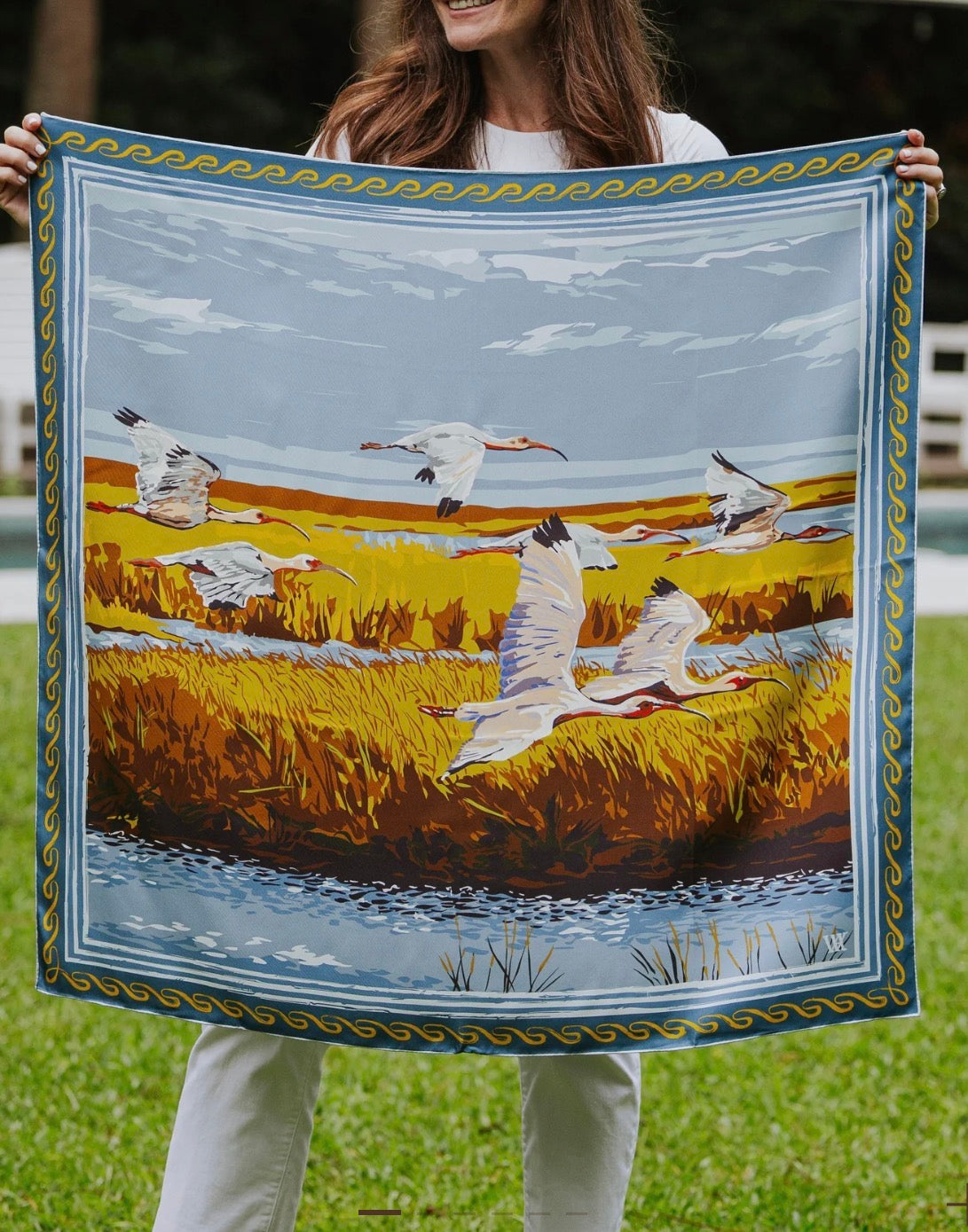 Austin Williams Blue & Gold Marsh Flyer 
 - Double-Sided Silk Scarf