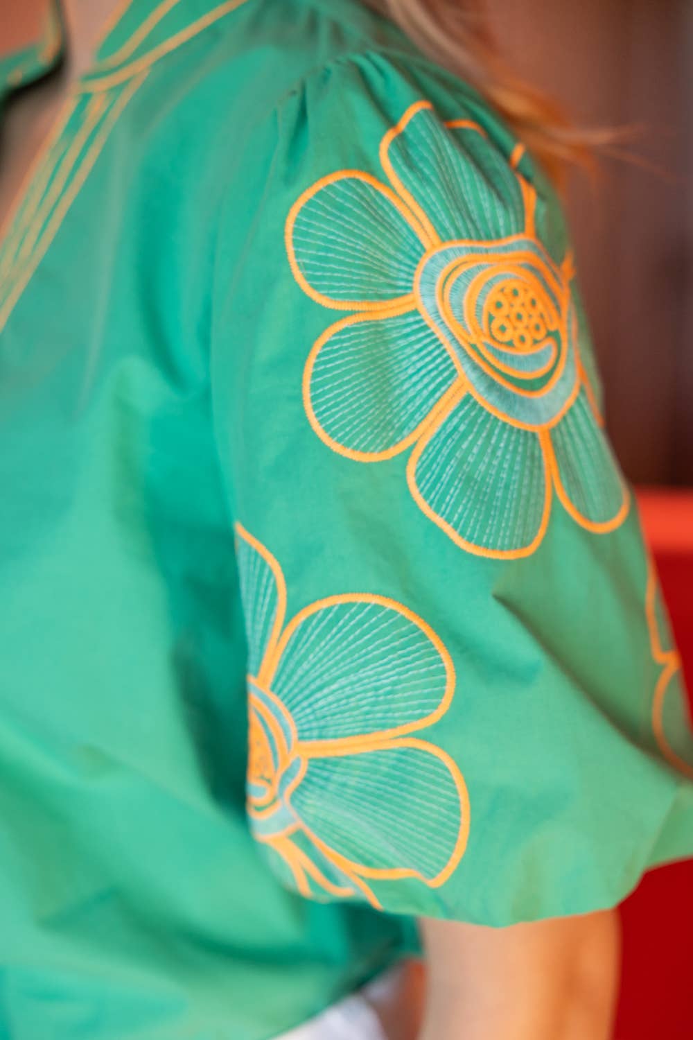Floral Embroidered Bubble Sleeve Top