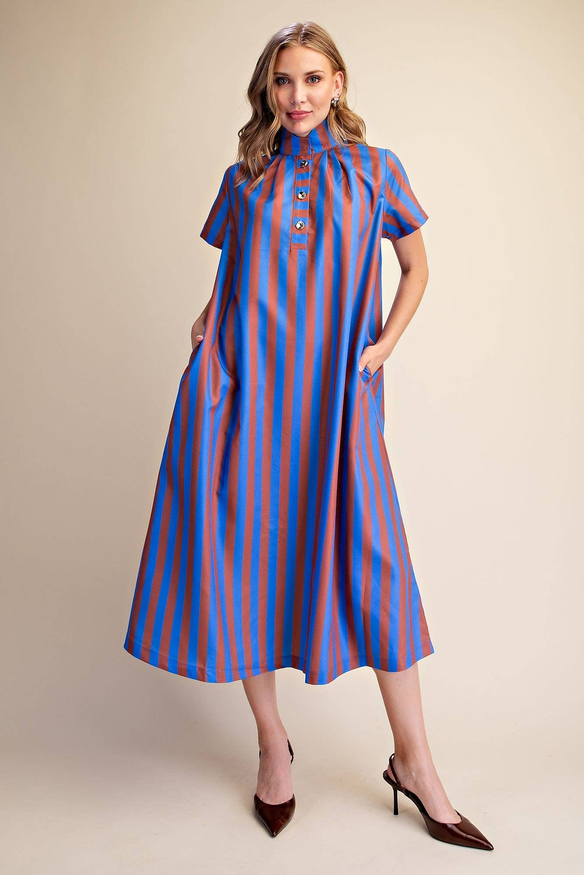 High Neck Royal/Chocolate Stripe Midi Dress