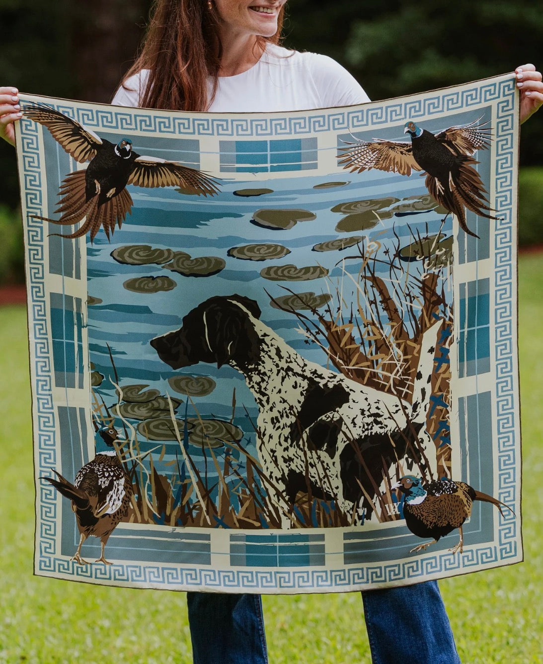 Austin Williams Light Blue Pheasant Watch Double Sided Silk Scarf