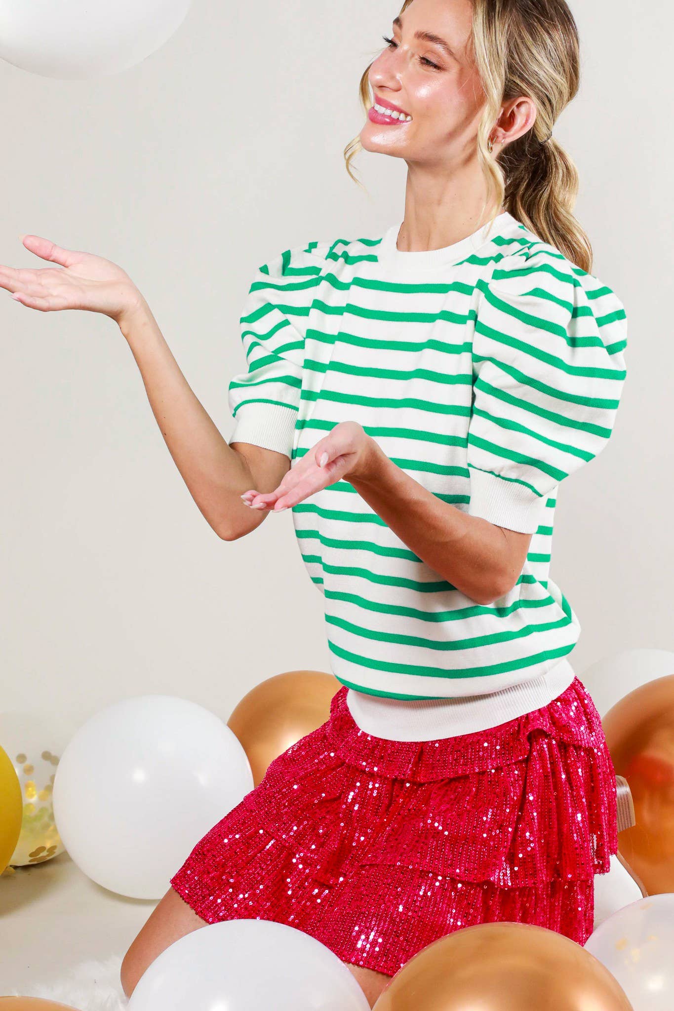 Striped Crew Neck Puff Sleeve Knitted Sweater Top
