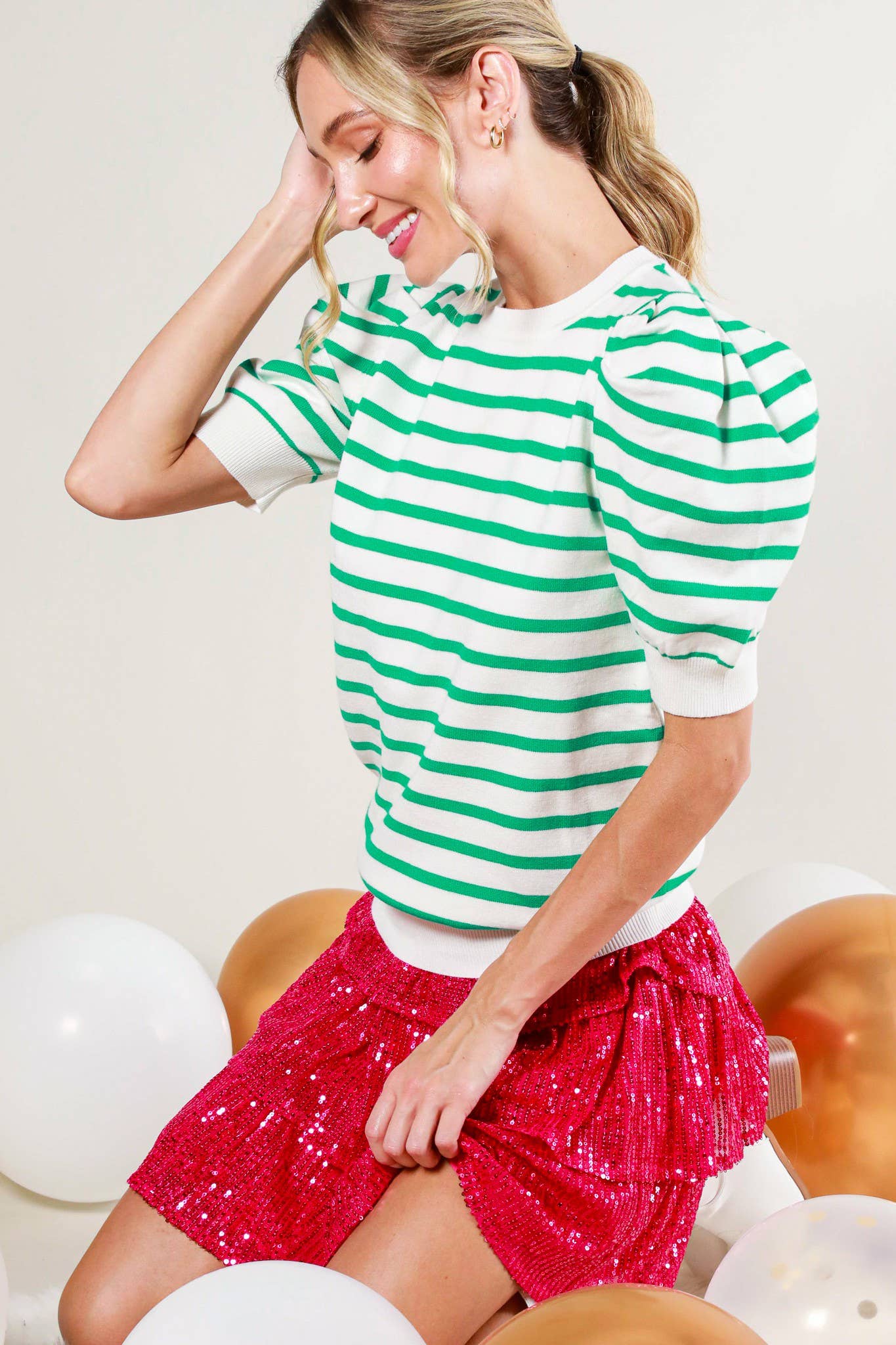 Striped Crew Neck Puff Sleeve Knitted Sweater Top